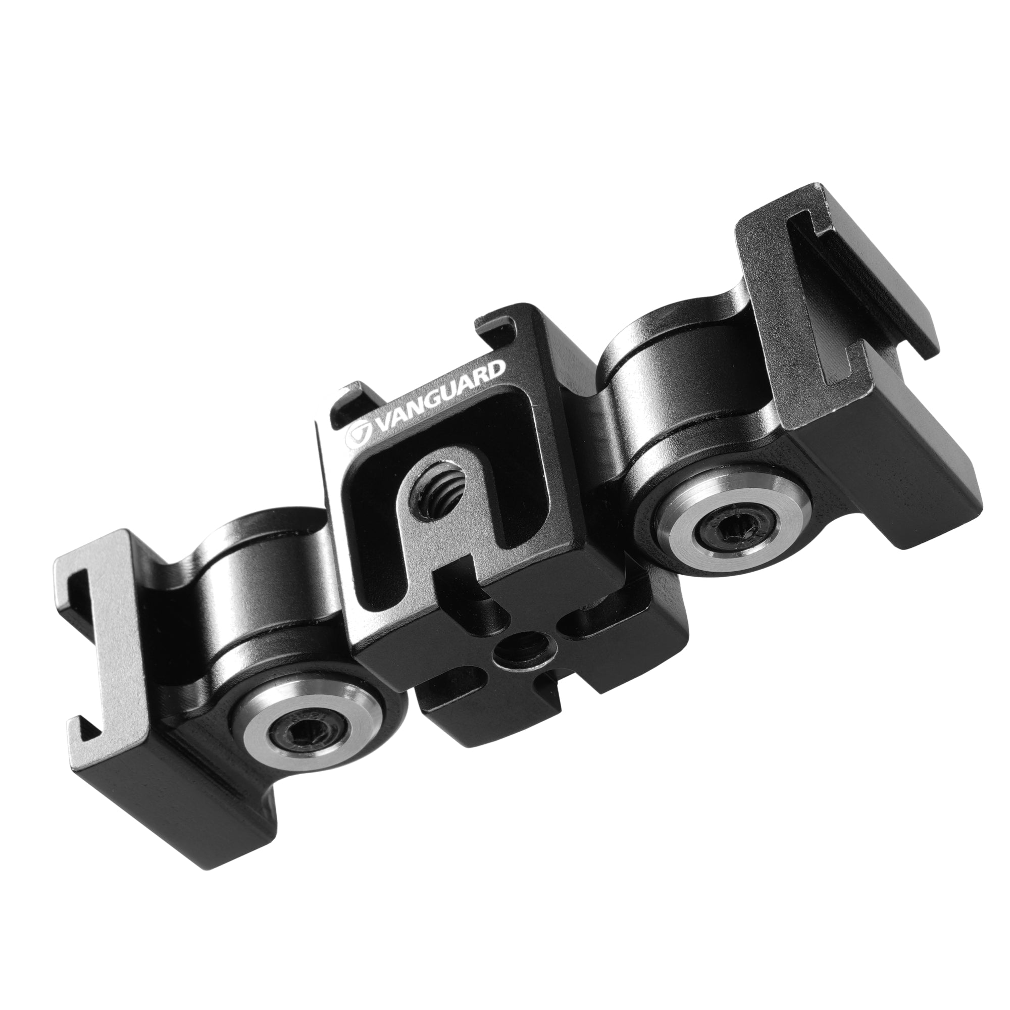 Soporte de cámara Vanguard negro con juntas y tornillos ajustables.