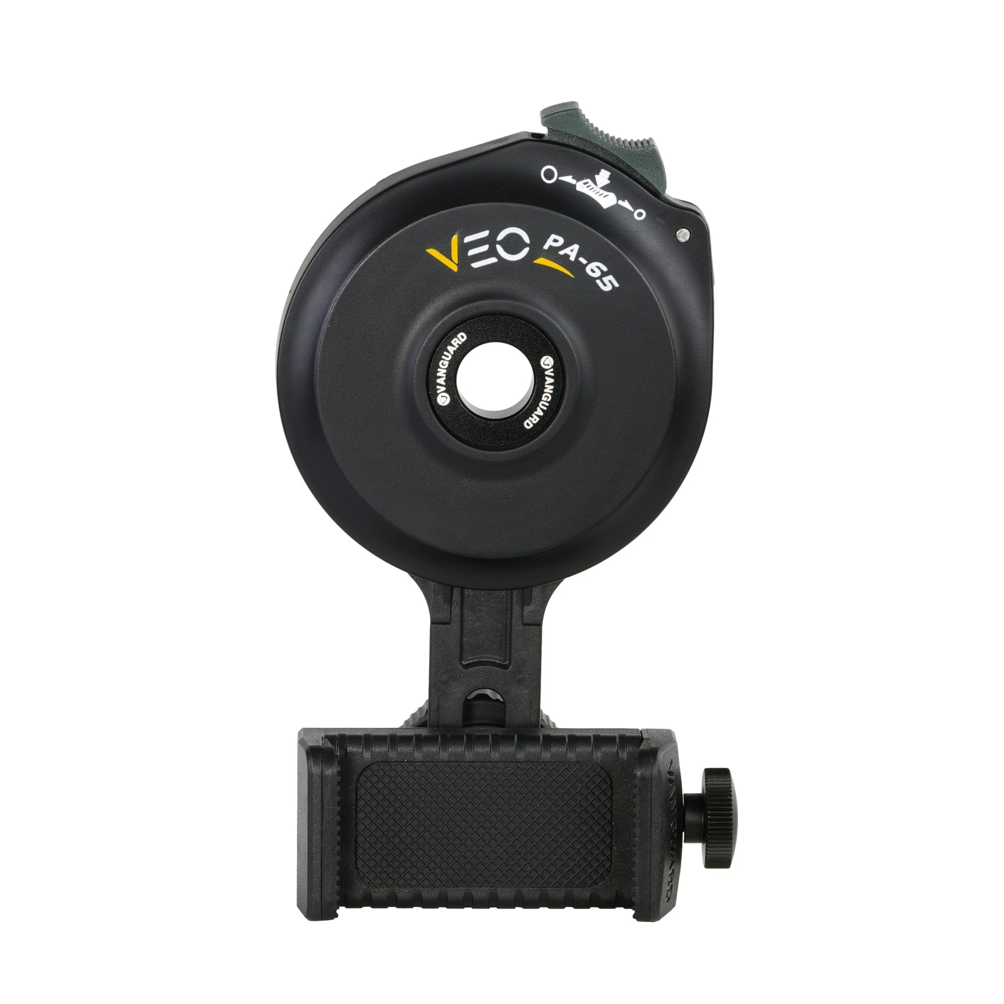 Un soporte negro Vanguard PA-65 para teléfono con pomo y agarre.