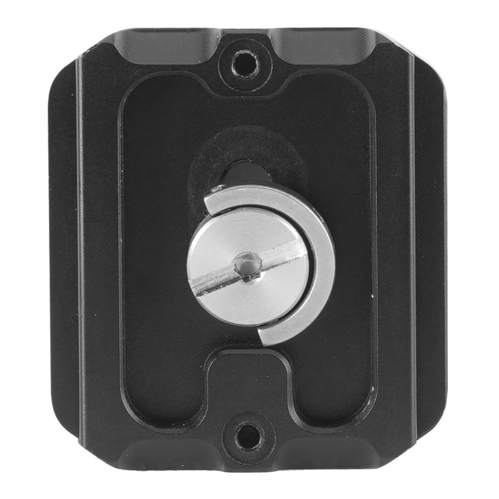 Abrazadera de cámara de aluminio anodizado negro con mecanismo de tornillo moleteado plateado.