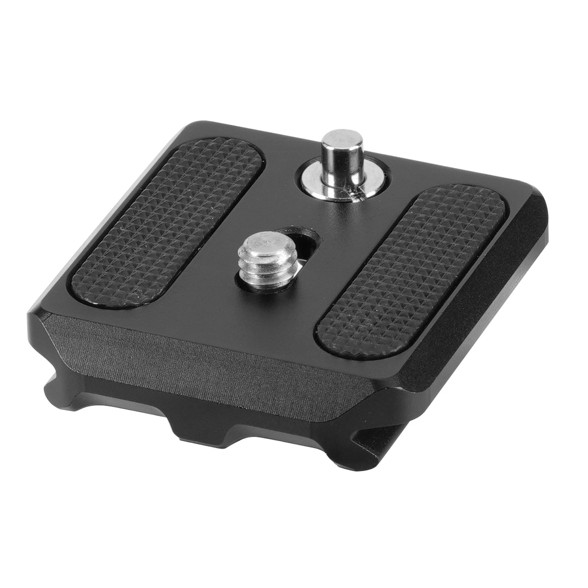 Placa negra para cámara con dos almohadillas de agarre texturizadas y tornillos.