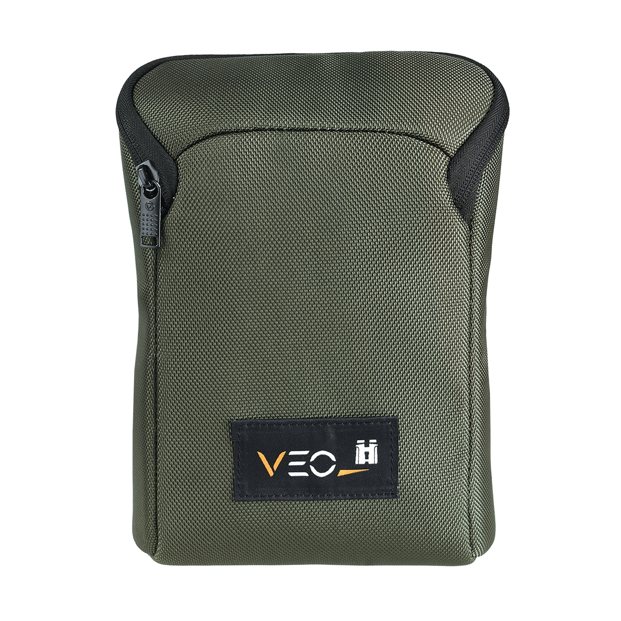 Una bolsa verde oscuro con cremallera y un logo que dice VEO.