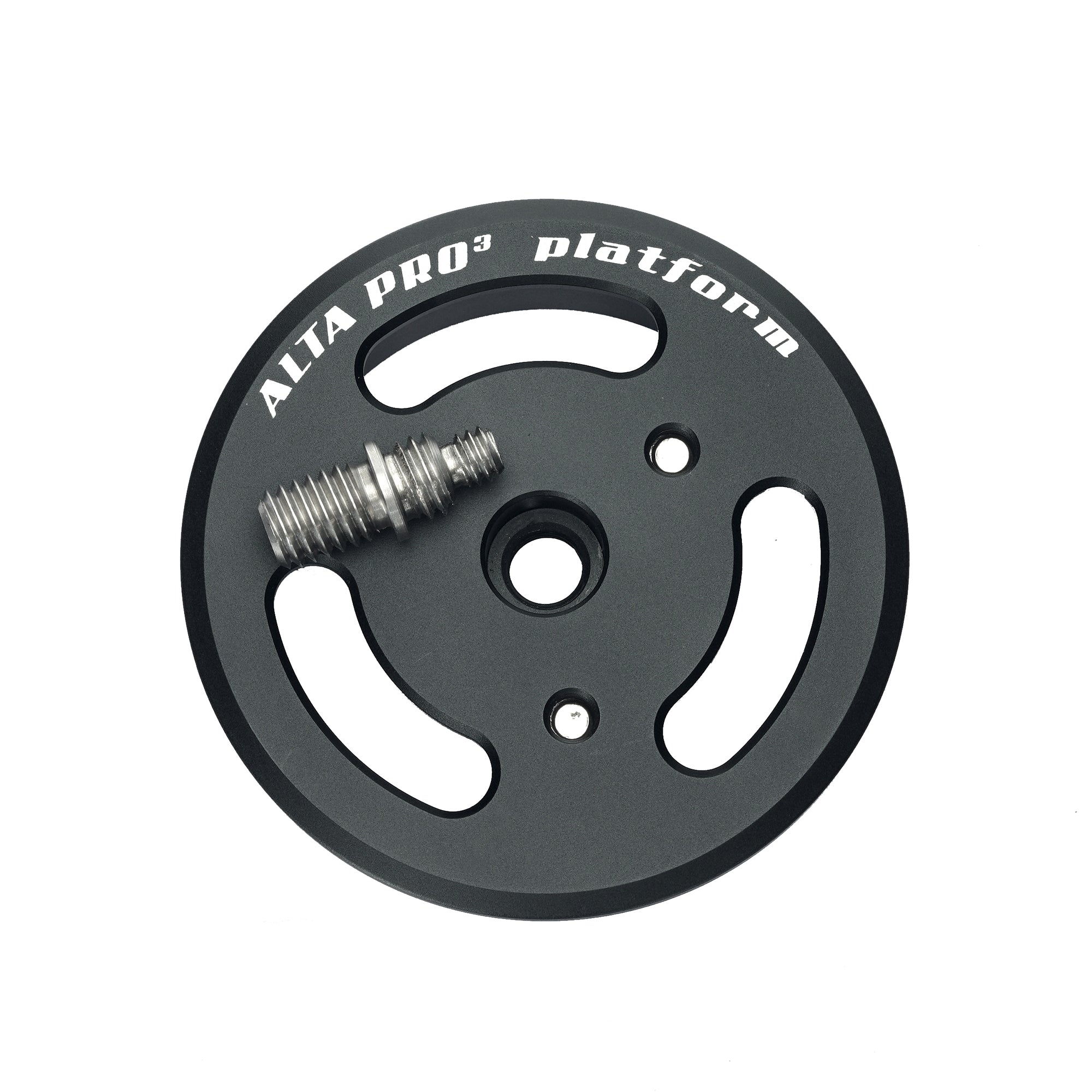 Una plataforma circular negra para cámara con un accesorio de tornillo plateado.