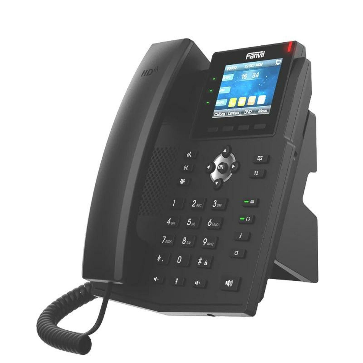 Un telefono da scrivania nero con schermo e tastiera.