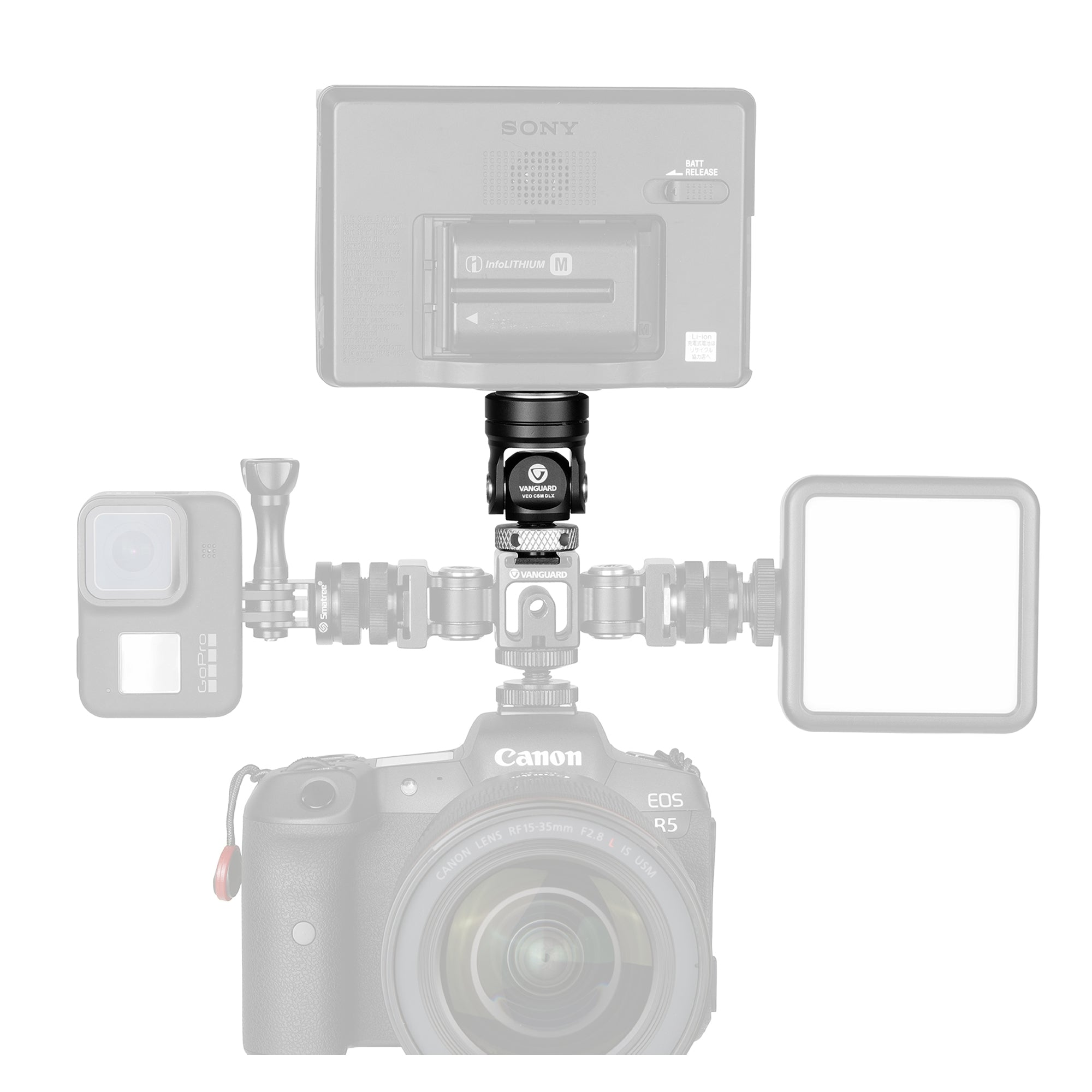 Un rig de accesorios para cámara con GoPro, batería Sony, cámara Canon y luz LED.