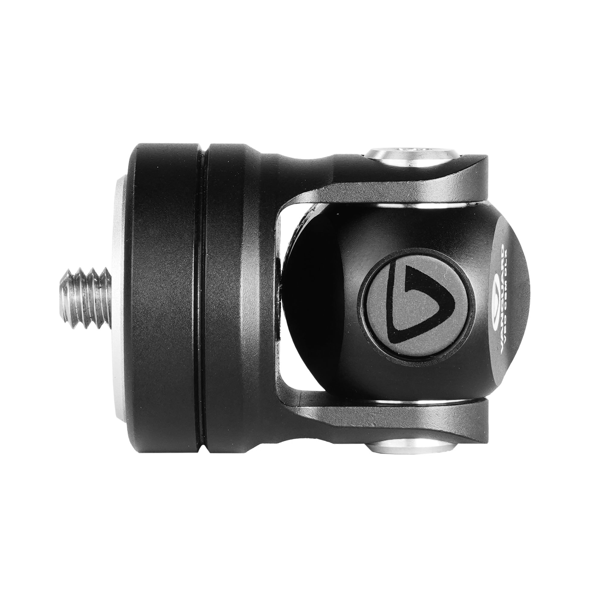 Un adaptador de rótula negro con rosca y logo.