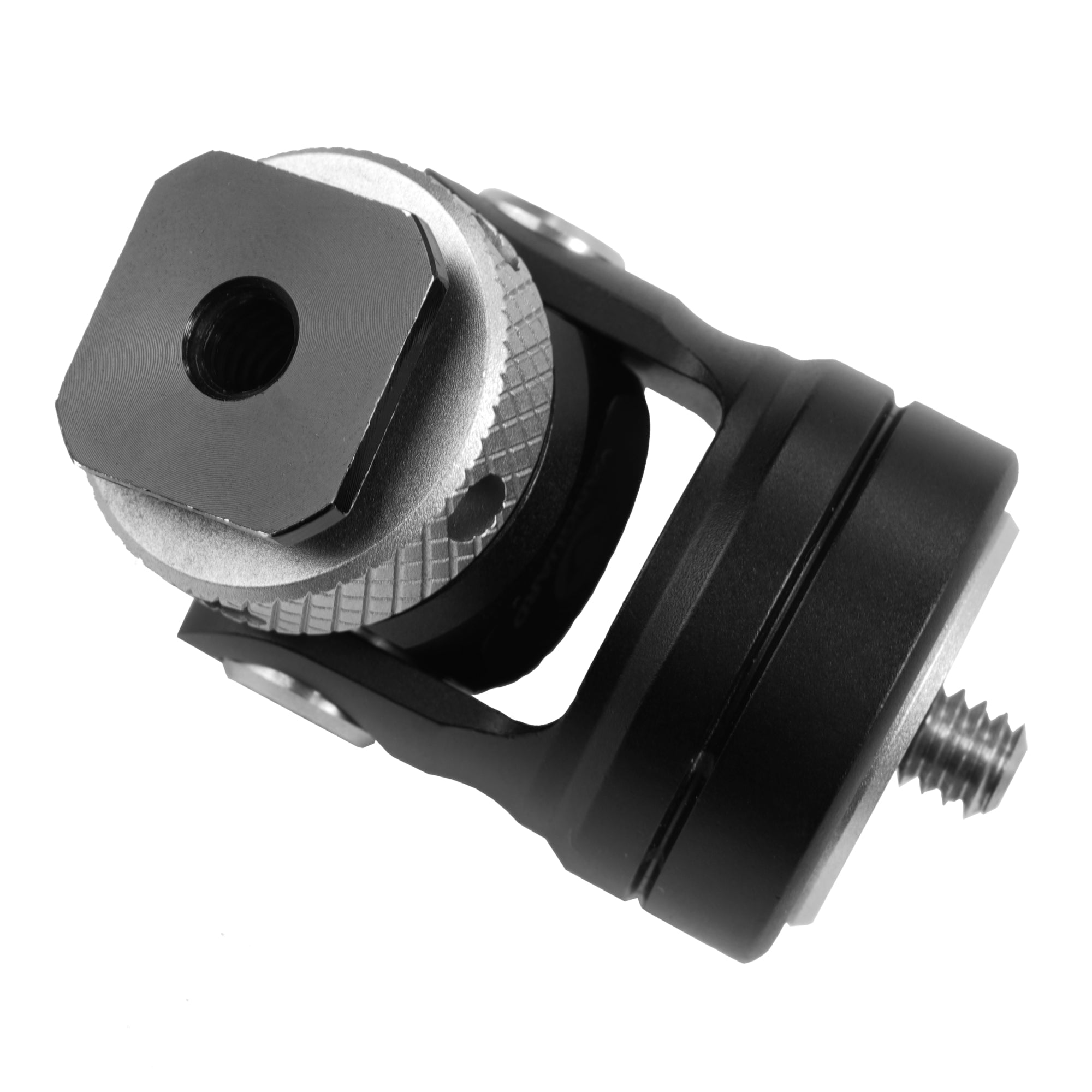 Un adaptador de zapata para cámara negro y plateado con montura roscada.