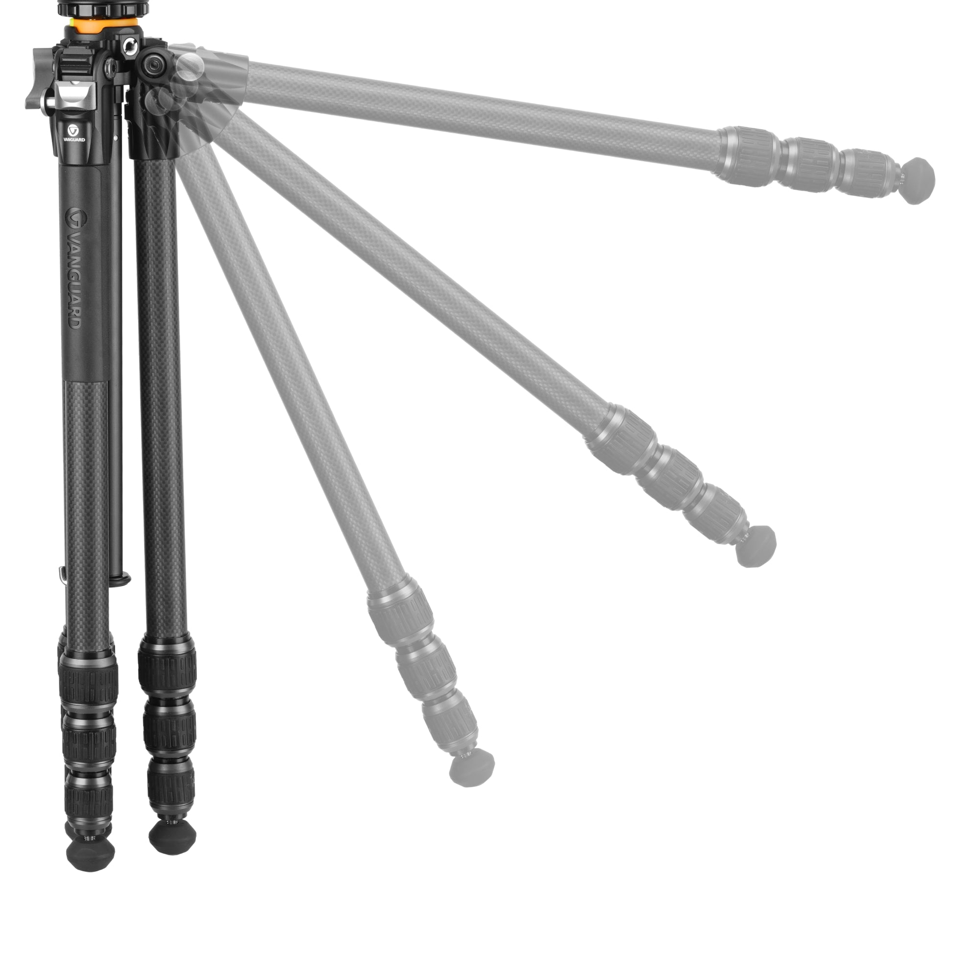 Un trípode Vanguard negro con segmentos de patas de carbono extensibles.