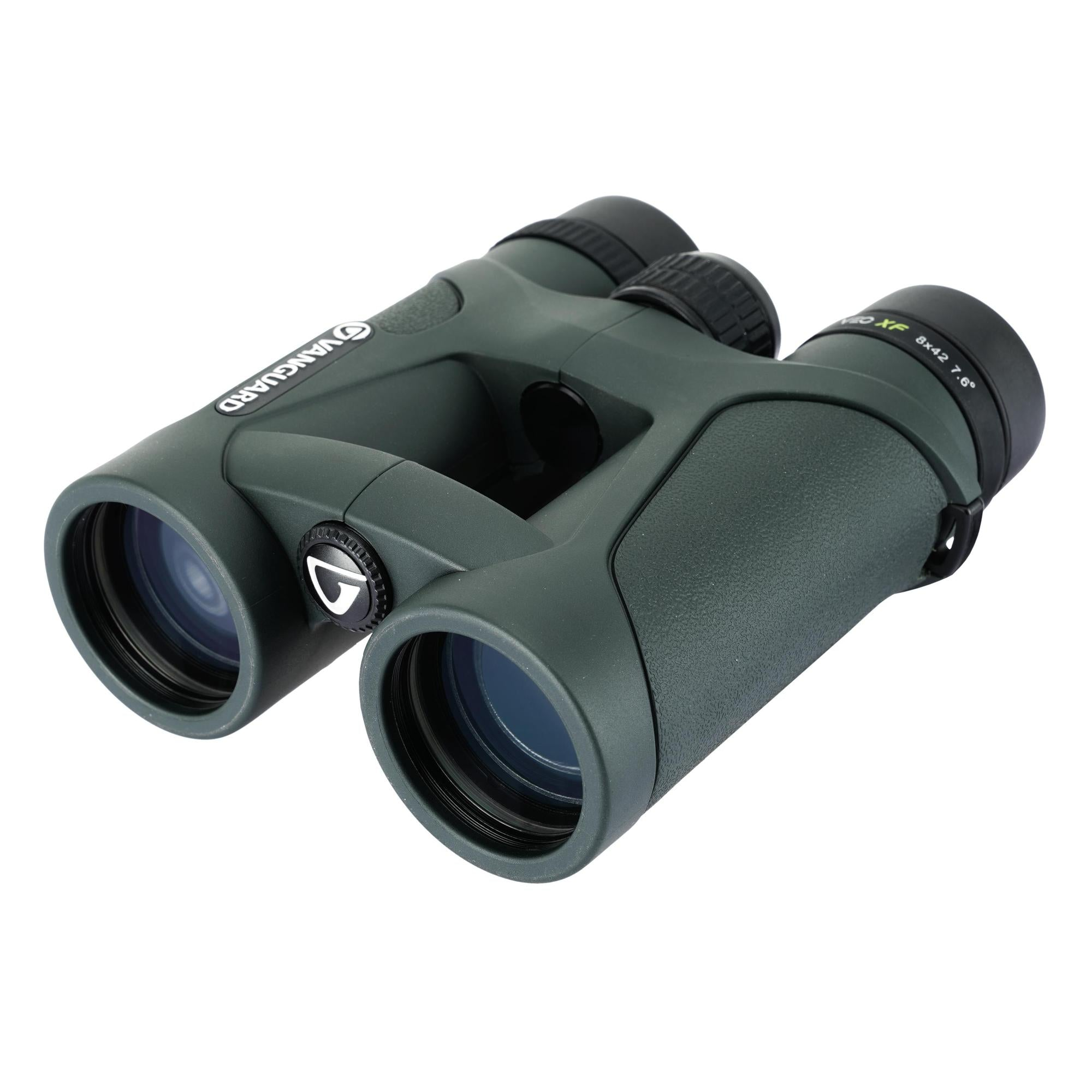 Unos binoculares Vanguard verdes con rueda de enfoque y lentes.