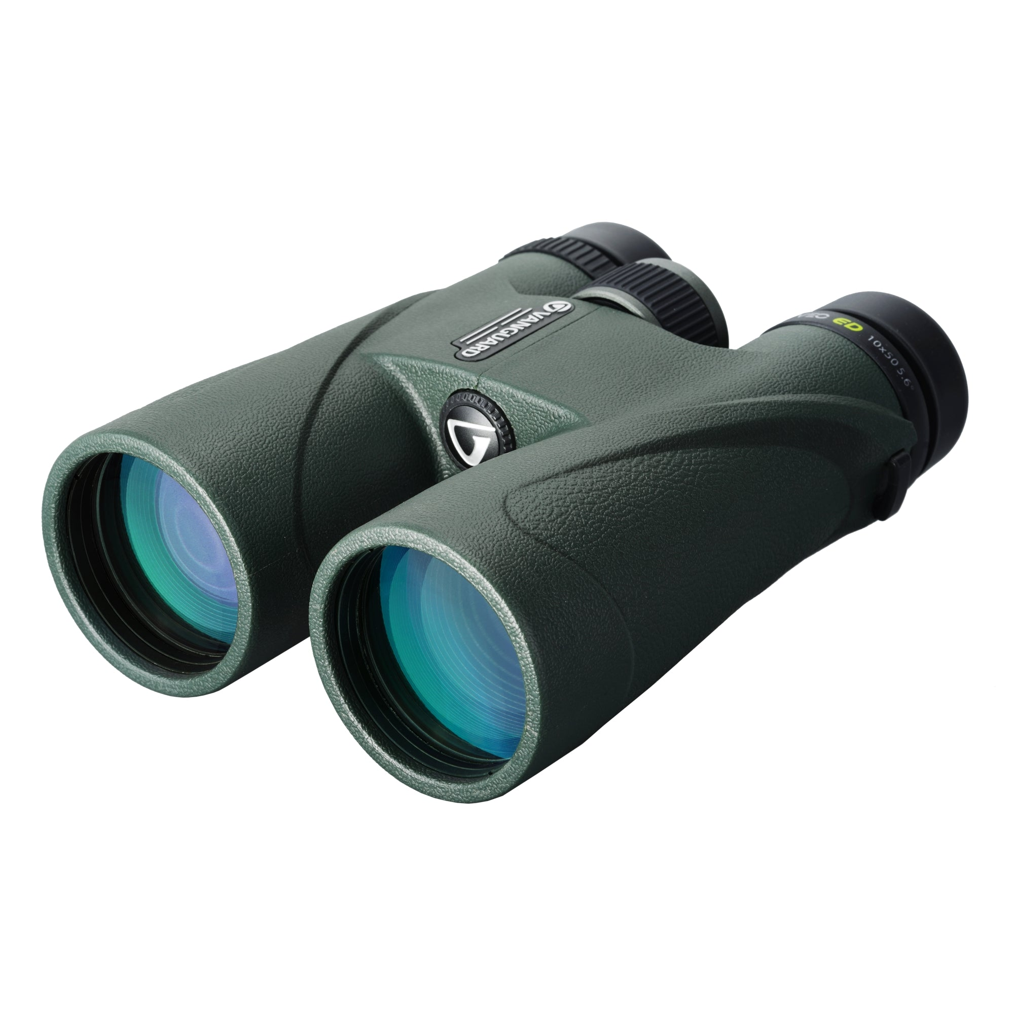 Binoculares Vanguard verdes con oculares negros y lentes azules.