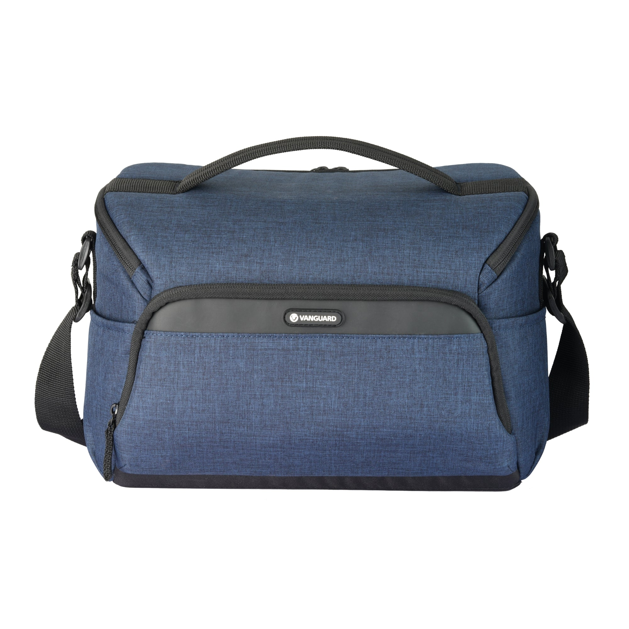 Una bolsa de cámara azul con asa, correa y logo de Vanguard.