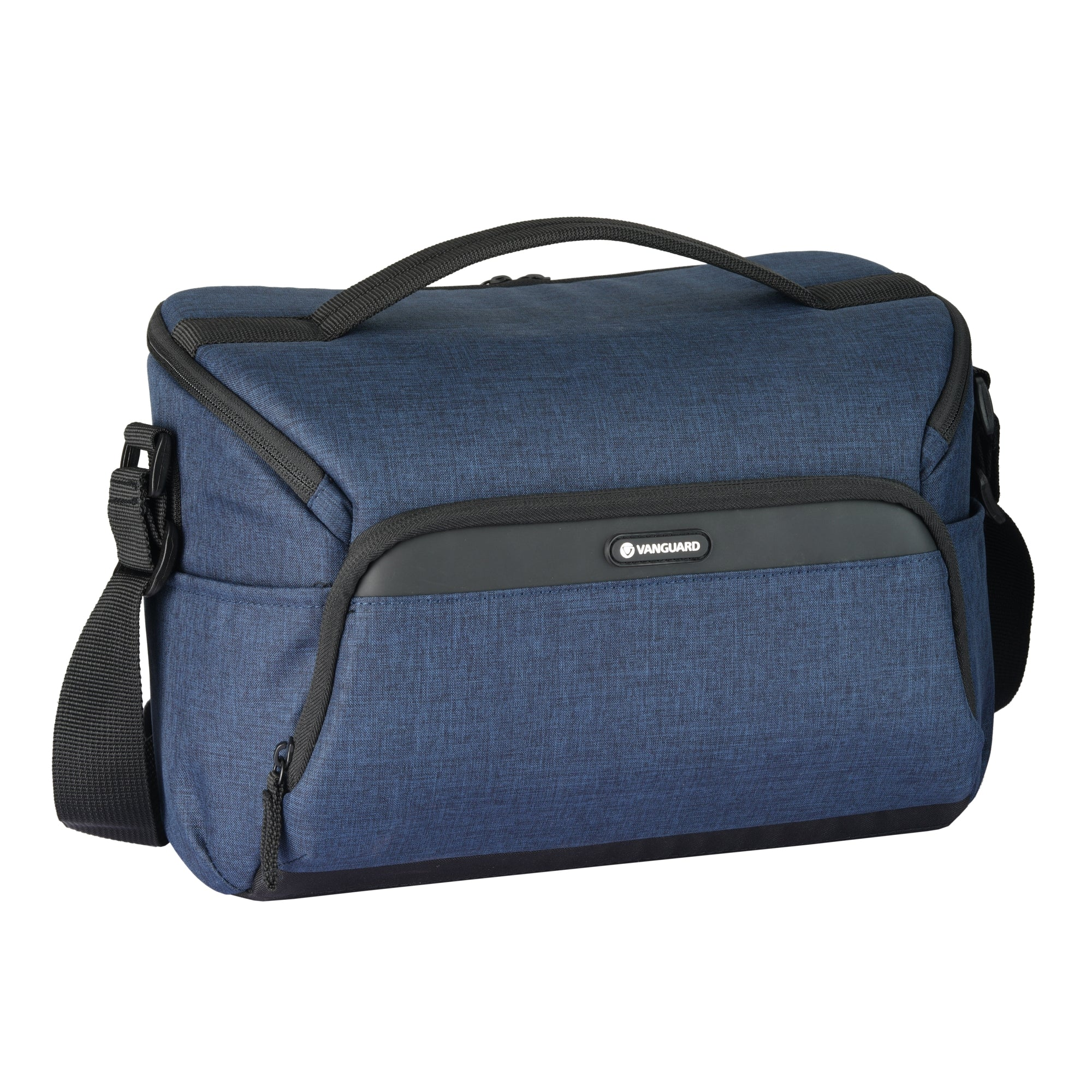 Una bolsa de cámara azul con asa y correa para el hombro.