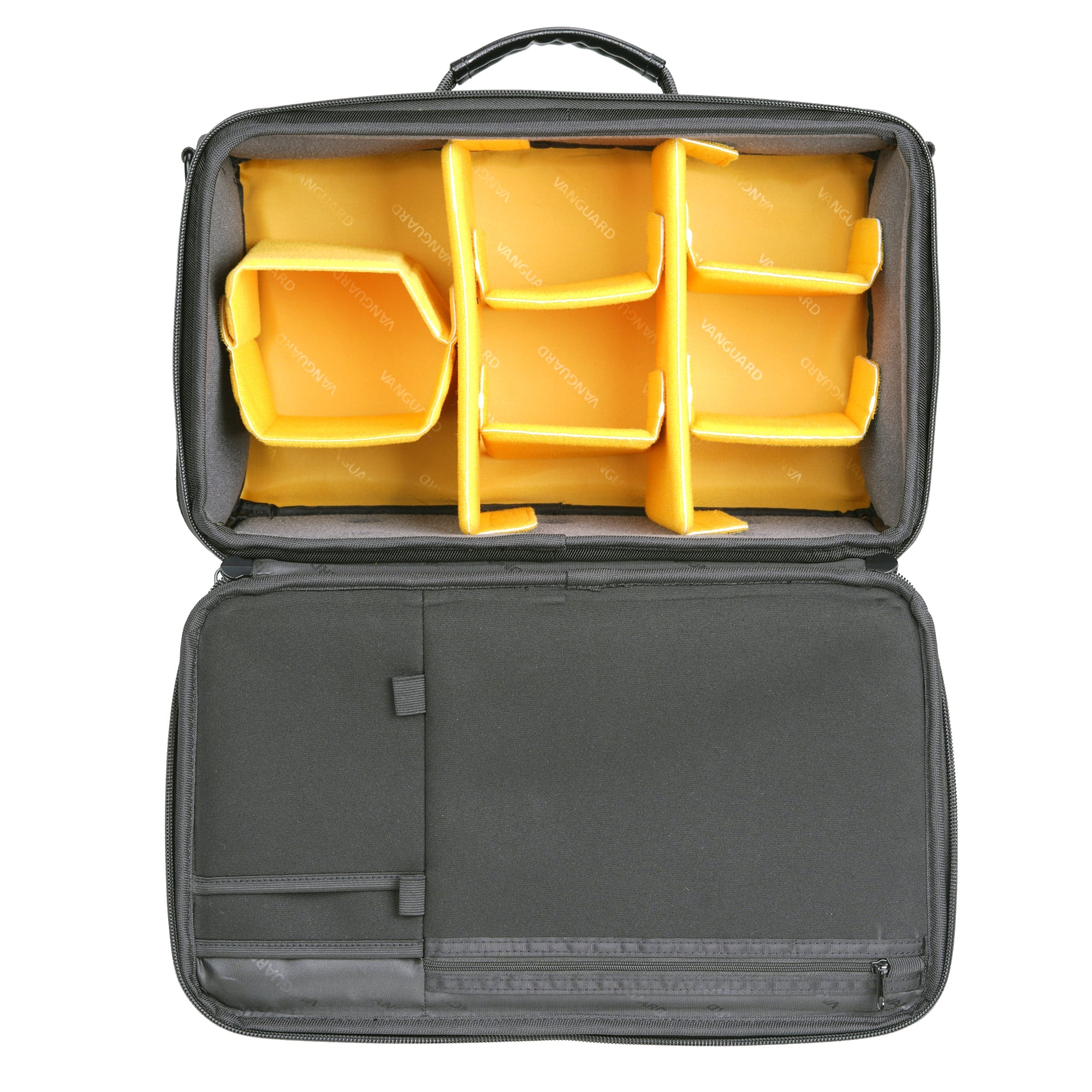Una bolsa negra abierta con interior amarillo y divisores.