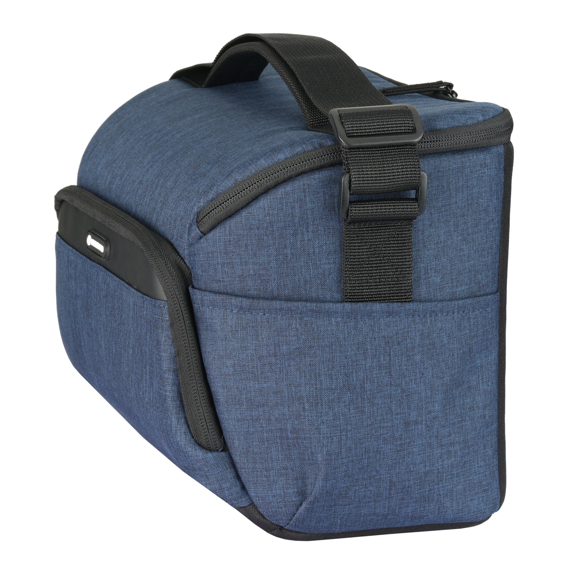 Una bolsa de cámara azul con correa y cremallera negras.