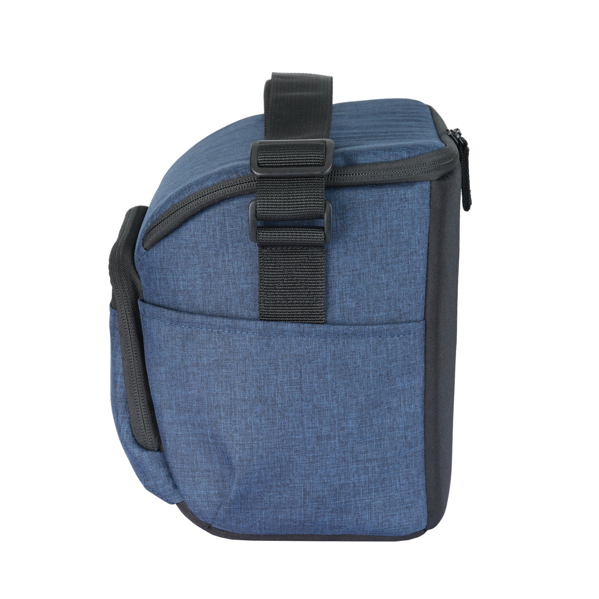 Una bolsa de cámara azul con cremallera negra y asa.