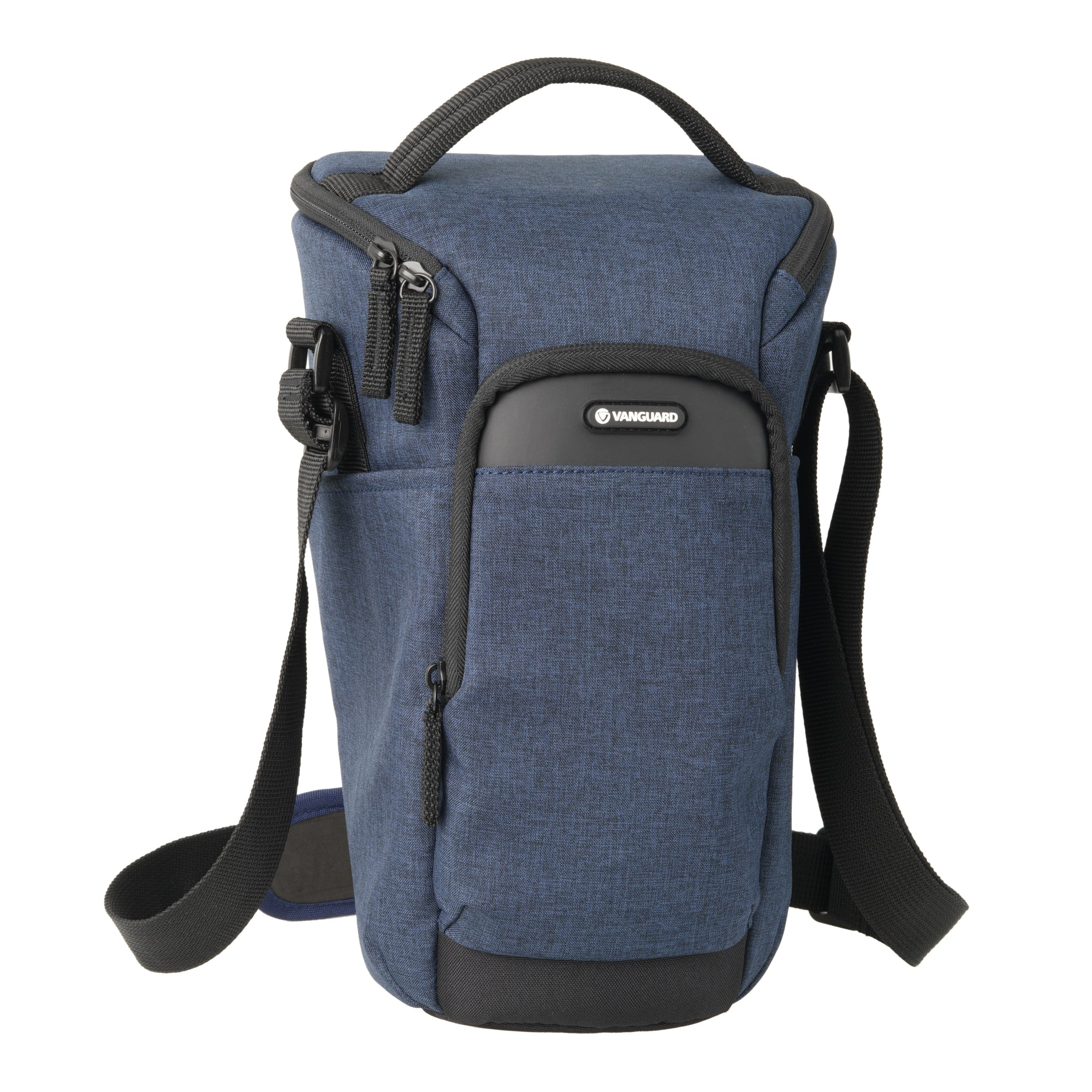 Una bolsa de cámara azul con correa negra y cremalleras.