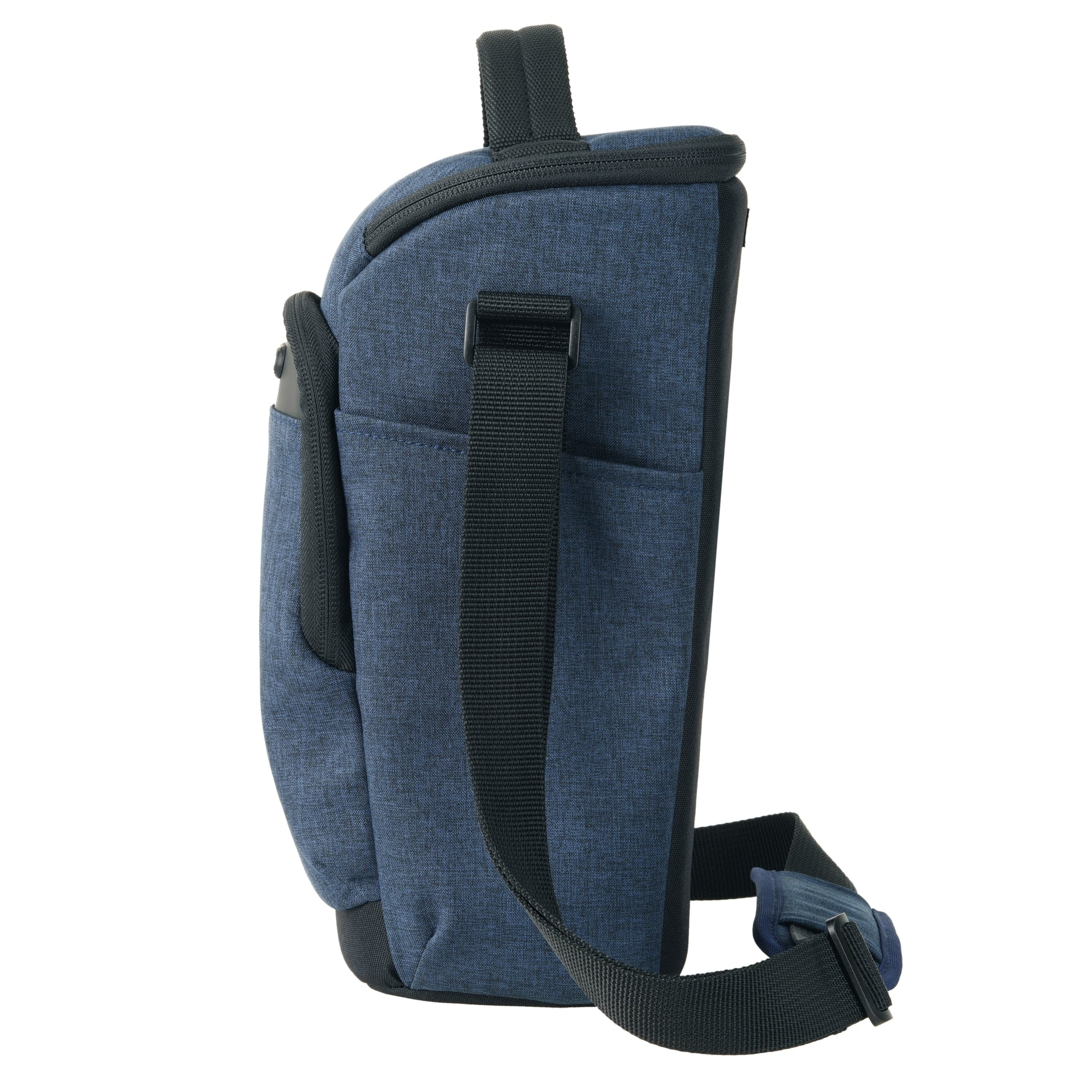 Una bolsa de cámara azul con correa y cremallera negras.