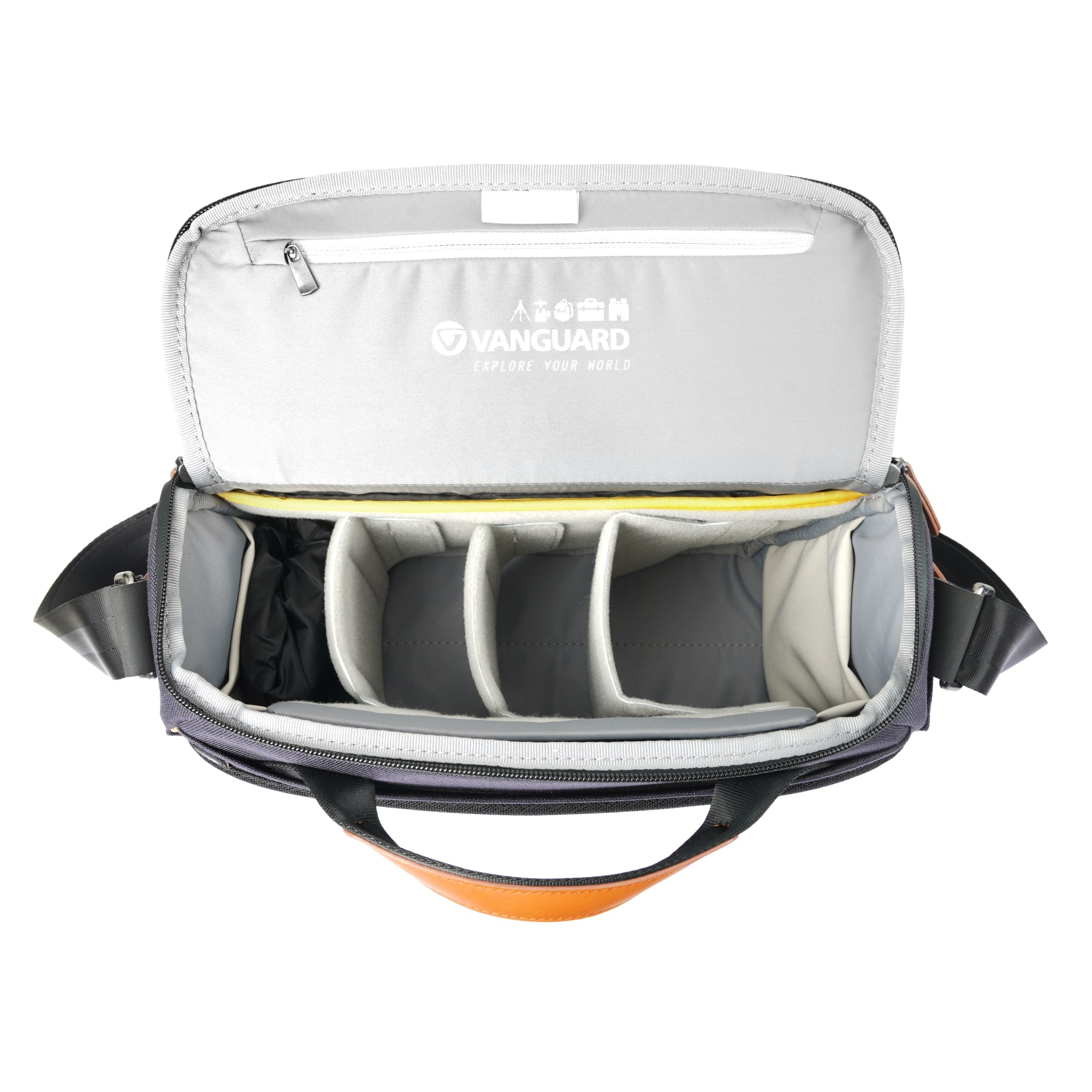 Bolso de cámara gris abierto con divisores y asa marrón. Interior con logo VANGUARD.