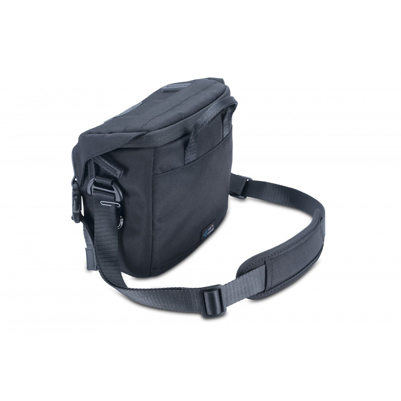 Bolso de cámara negro con correa de hombro, sobre fondo blanco.