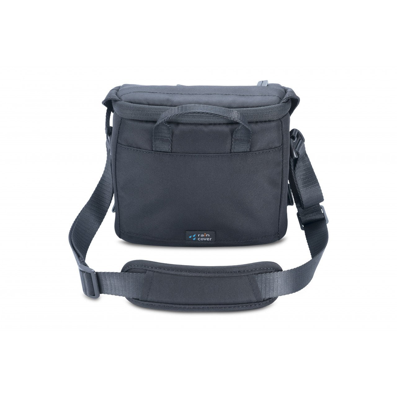 Bolso de cámara gris oscuro con asa superior, correa de hombro y logo.