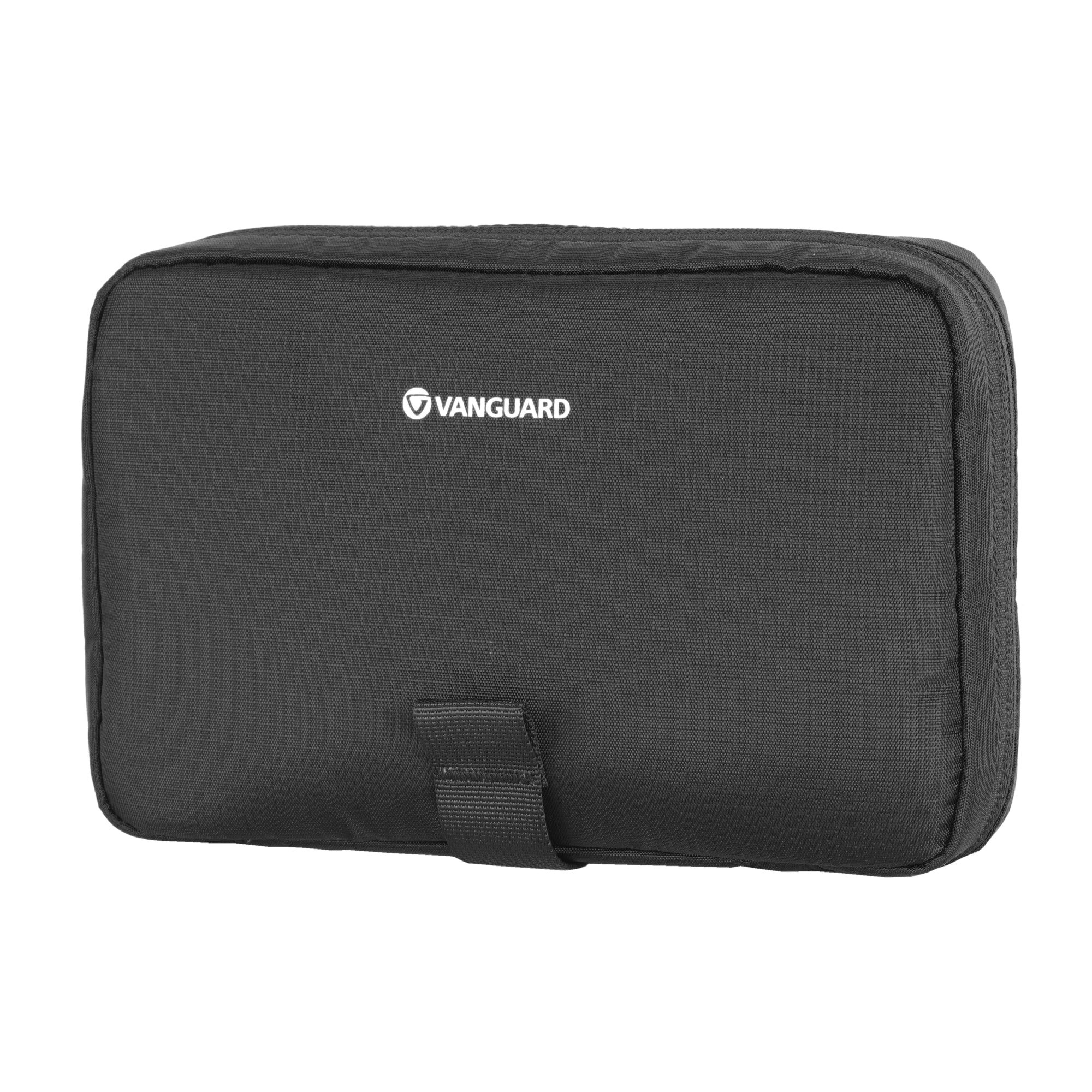 Bolsa negra con logo de Vanguard, cremallera y asa.