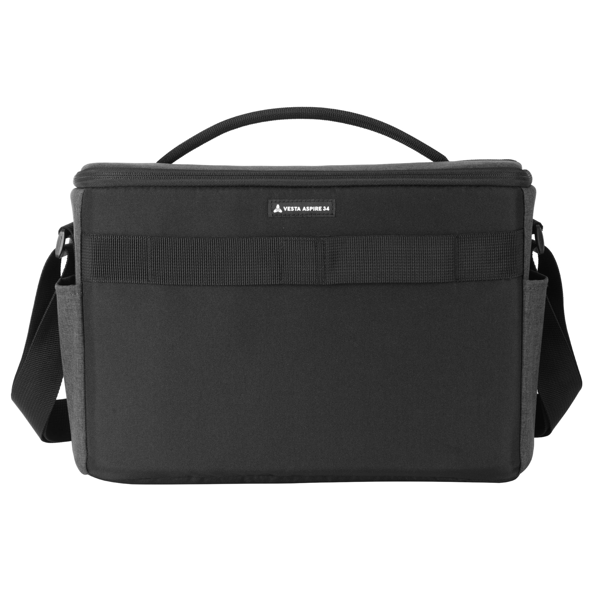 Bolso de cámara negro con asa y correa.