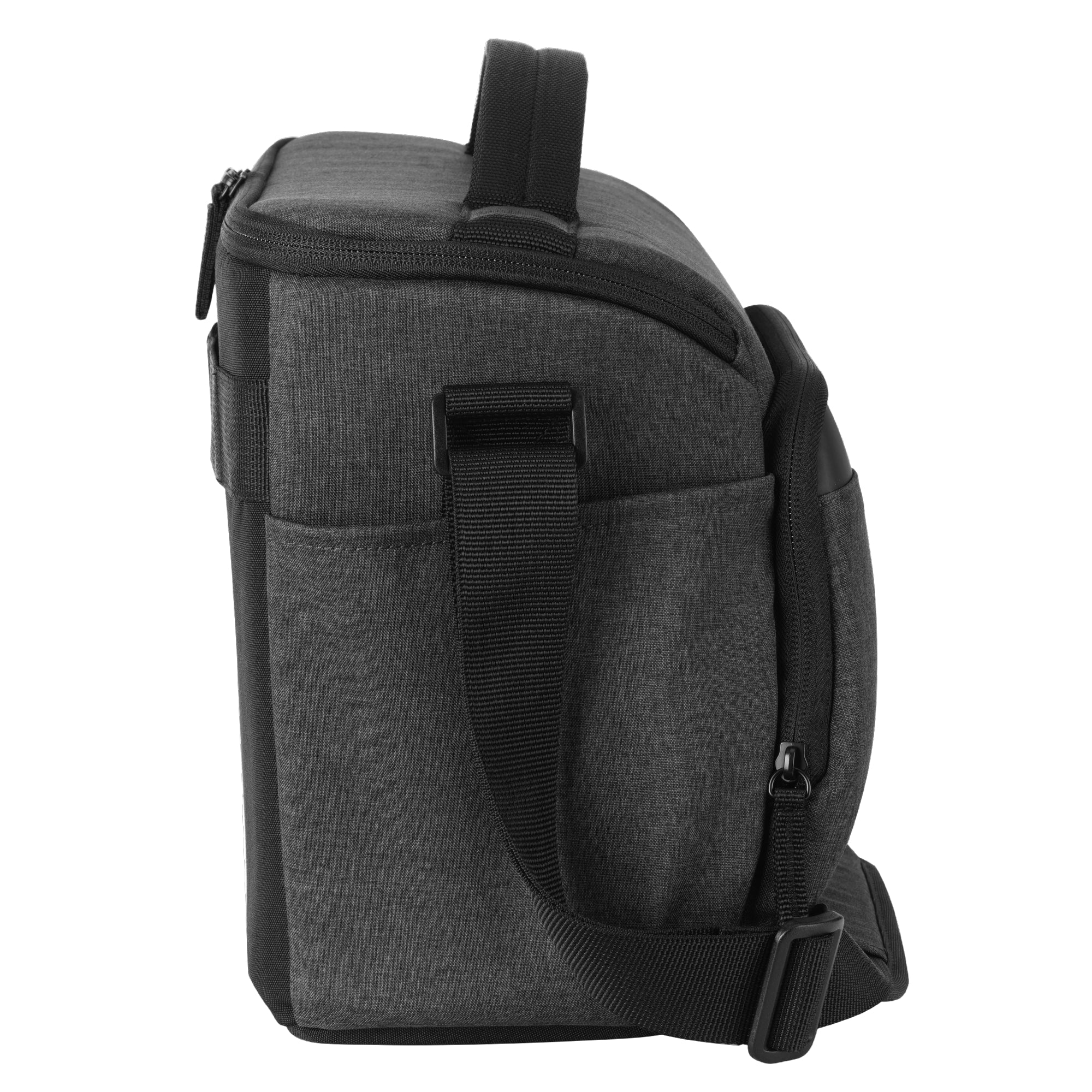 Una bolsa gris oscuro con asa, correa de hombro y cremallera.