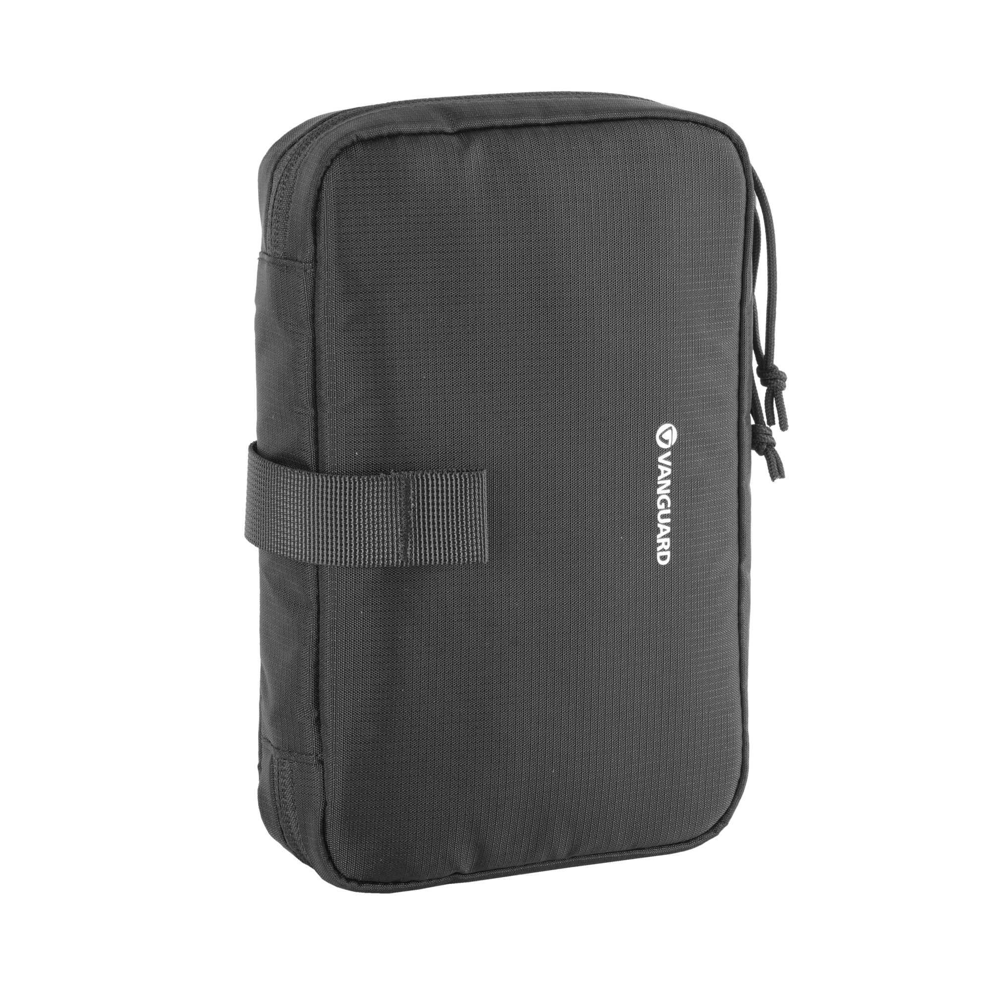 Bolso de tela negro con cremallera y logo.