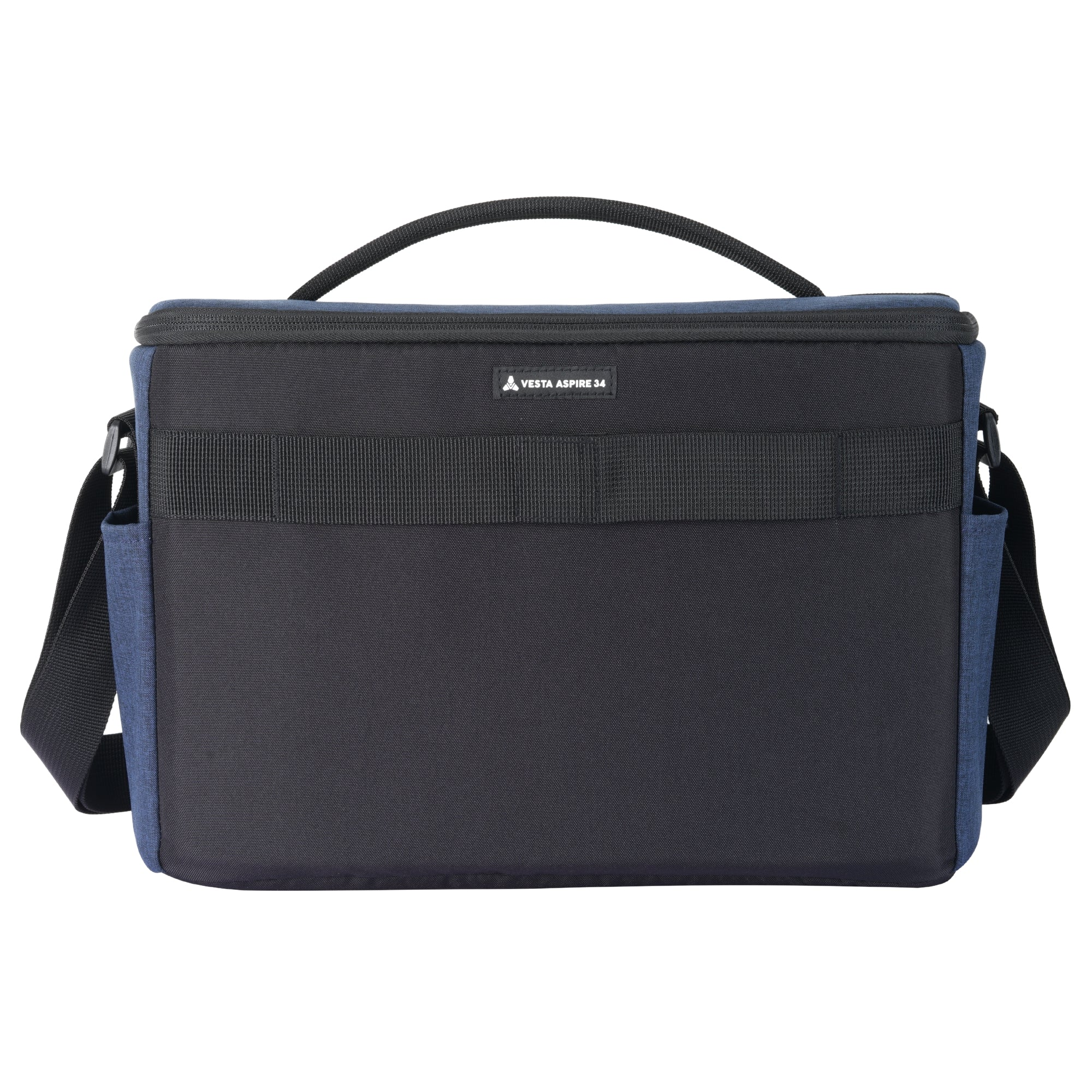 Una bolsa de cámara negra y azul con asa y correa para el hombro.