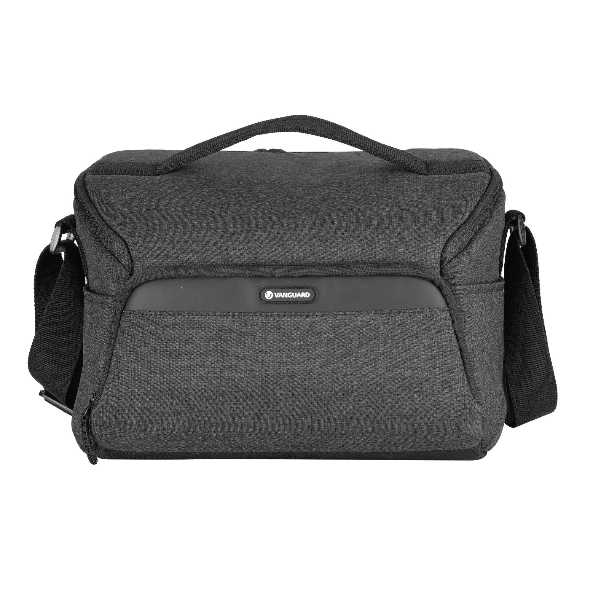 Una bolsa de cámara gris oscuro con asa y correa.