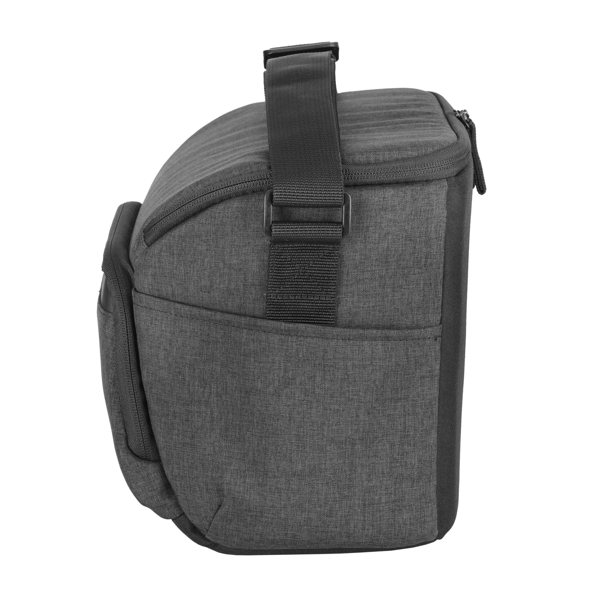 Bolso de cámara gris con cremallera y asa, bolsillo lateral.