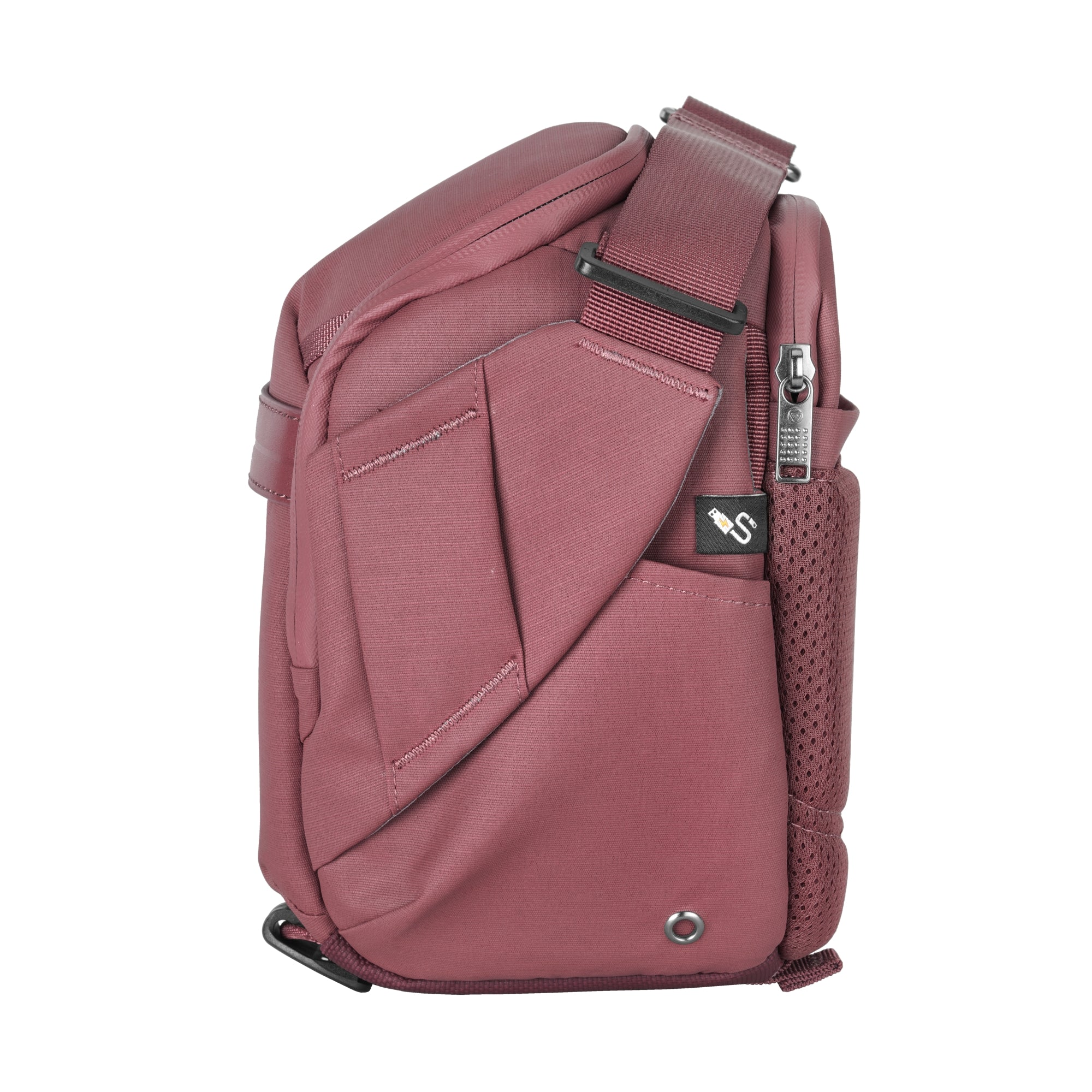 Bolso cruzado color rosa con cremallera y bolsillo lateral de malla.