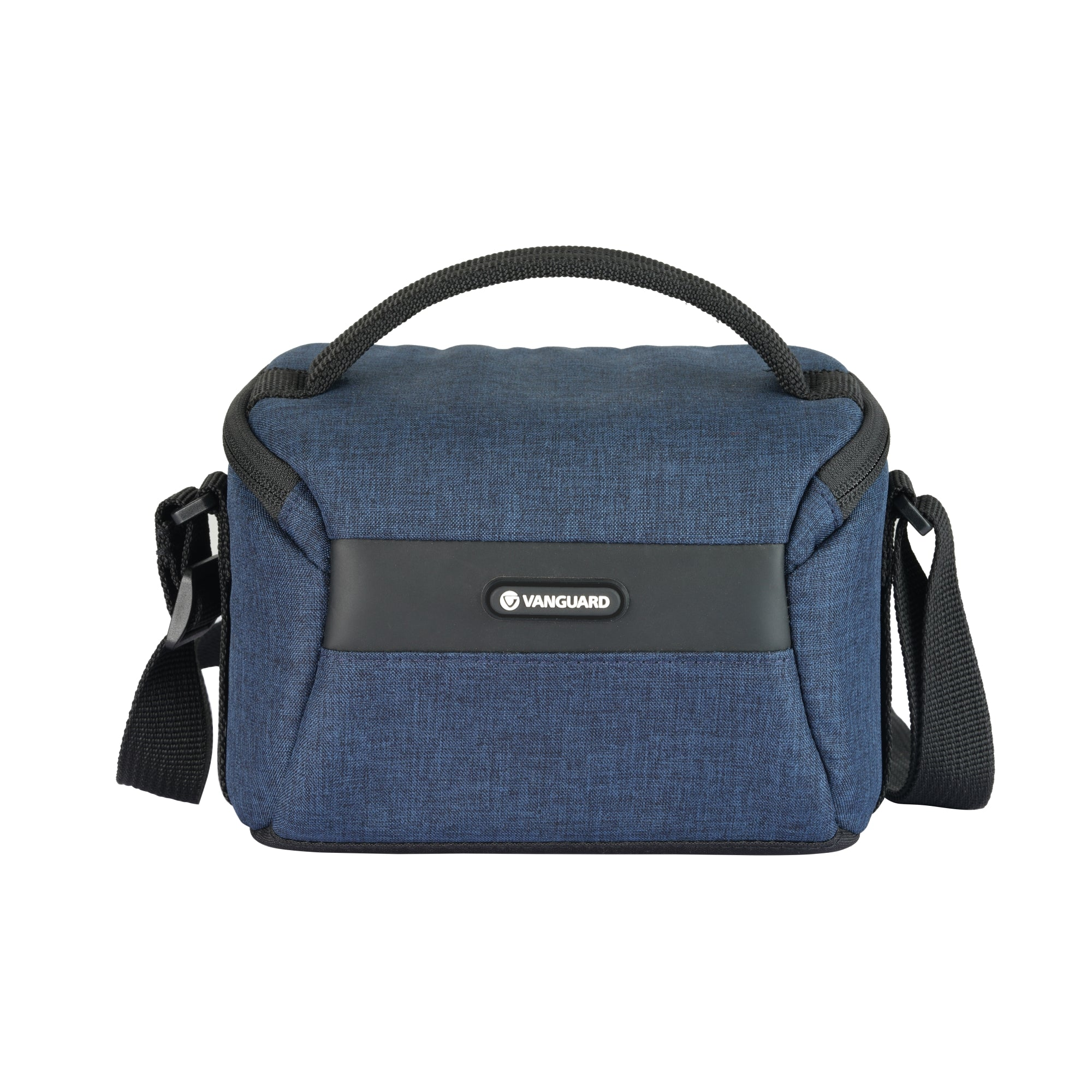 Una bolsa de cámara azul con asa y correa negras.