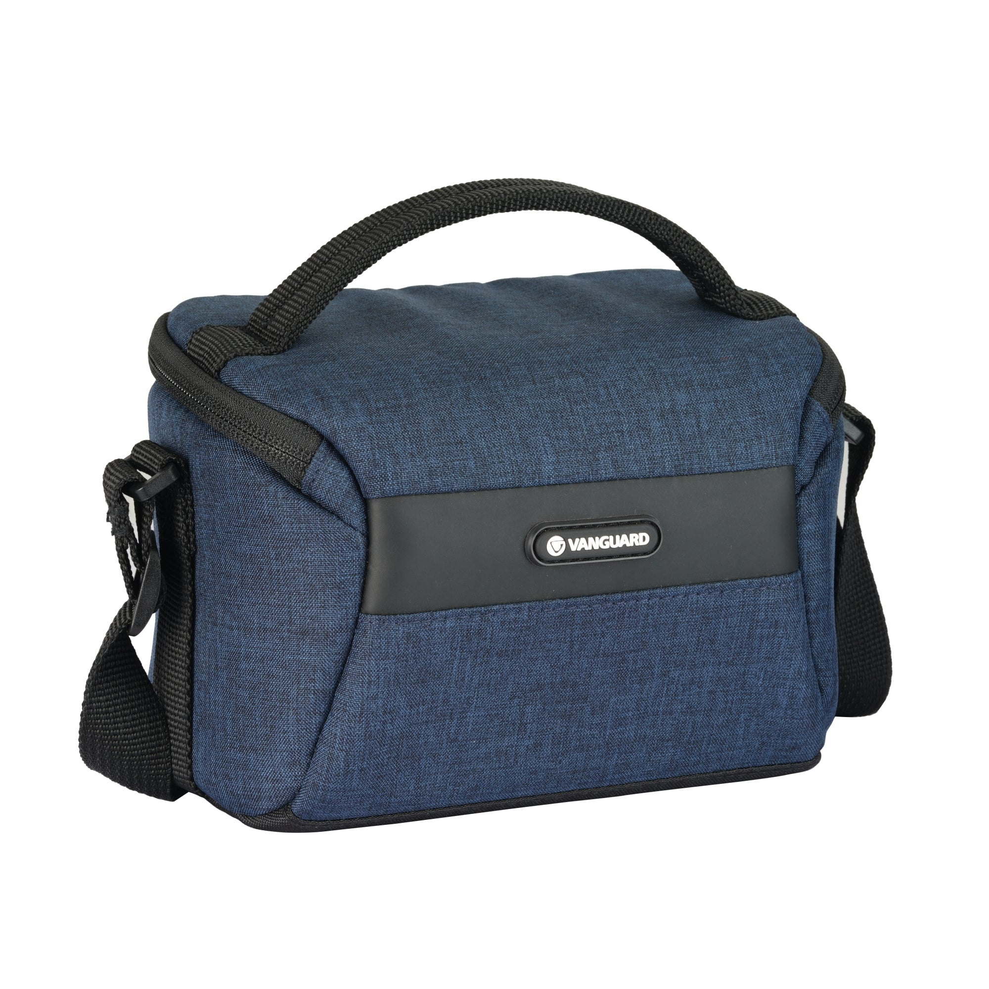 Bolso de cámara azul con asa y correa negras. El logo de Vanguard es visible.