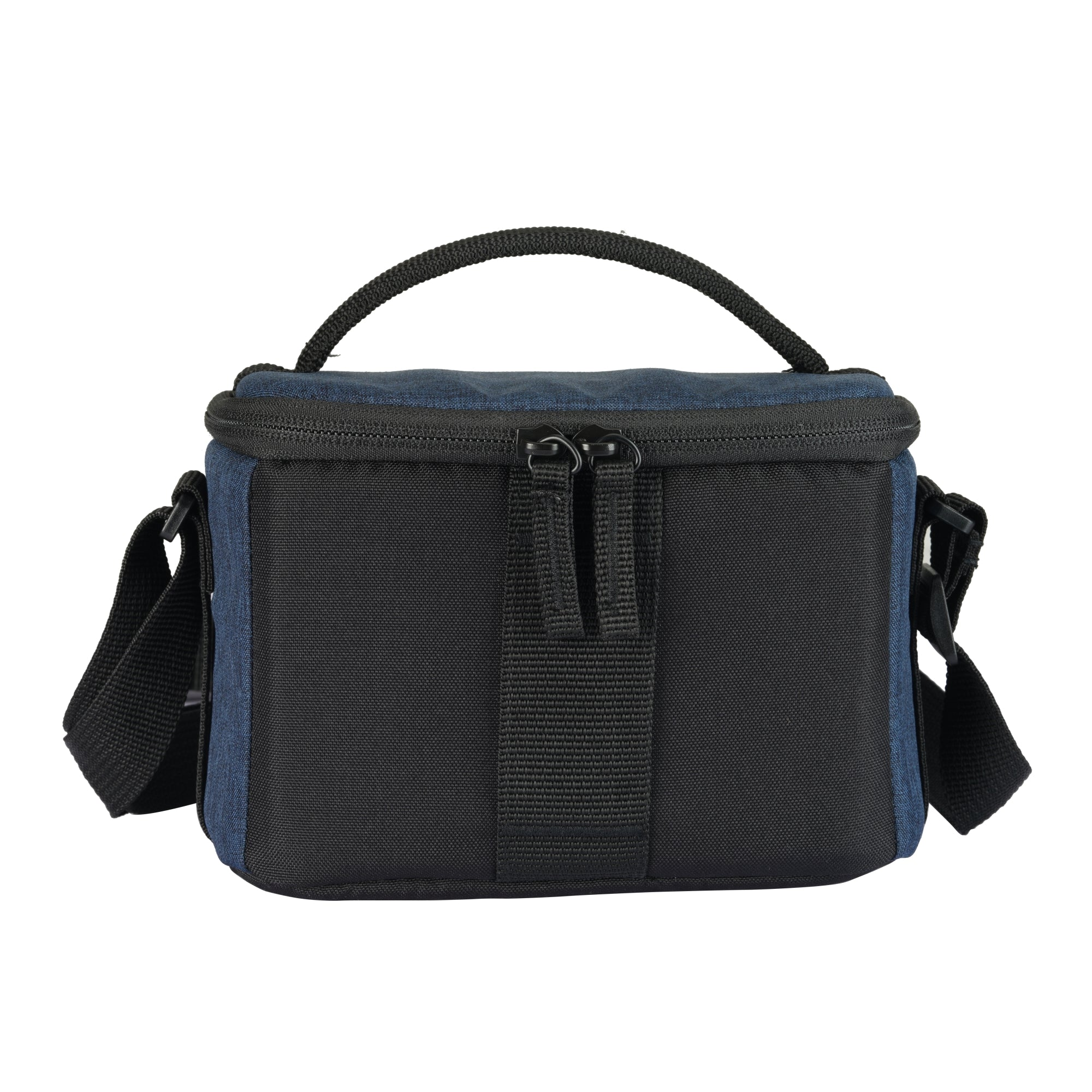 Una bolsa de cámara azul y negra con asa y correa para el hombro.