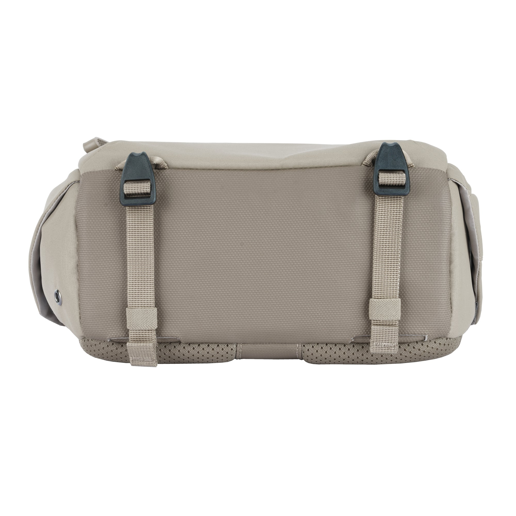 Una riñonera beige con dos hebillas y correas.