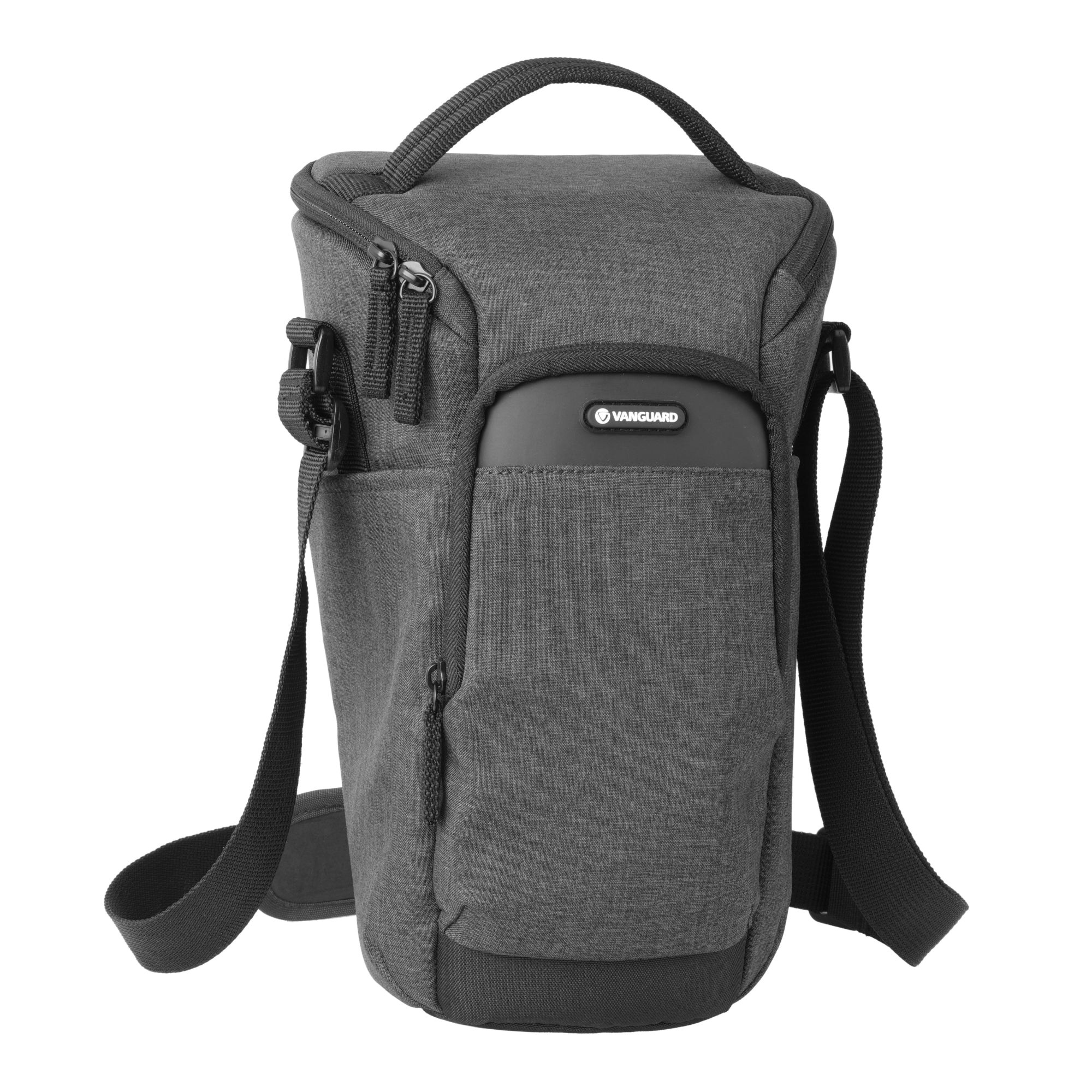Bolso de cámara gris con asa, correa de hombro y logo de Vanguard.