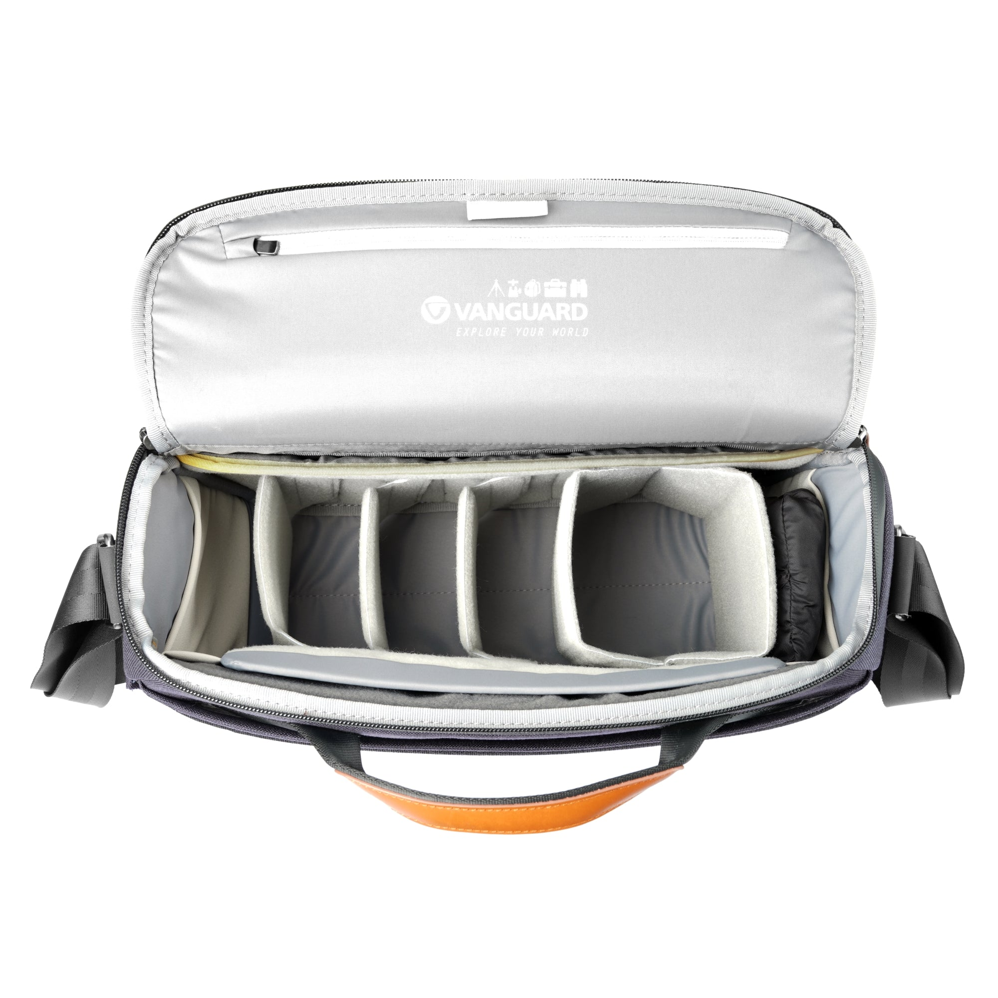 Bolsa de cámara abierta con asa naranja y divisores ajustables.
