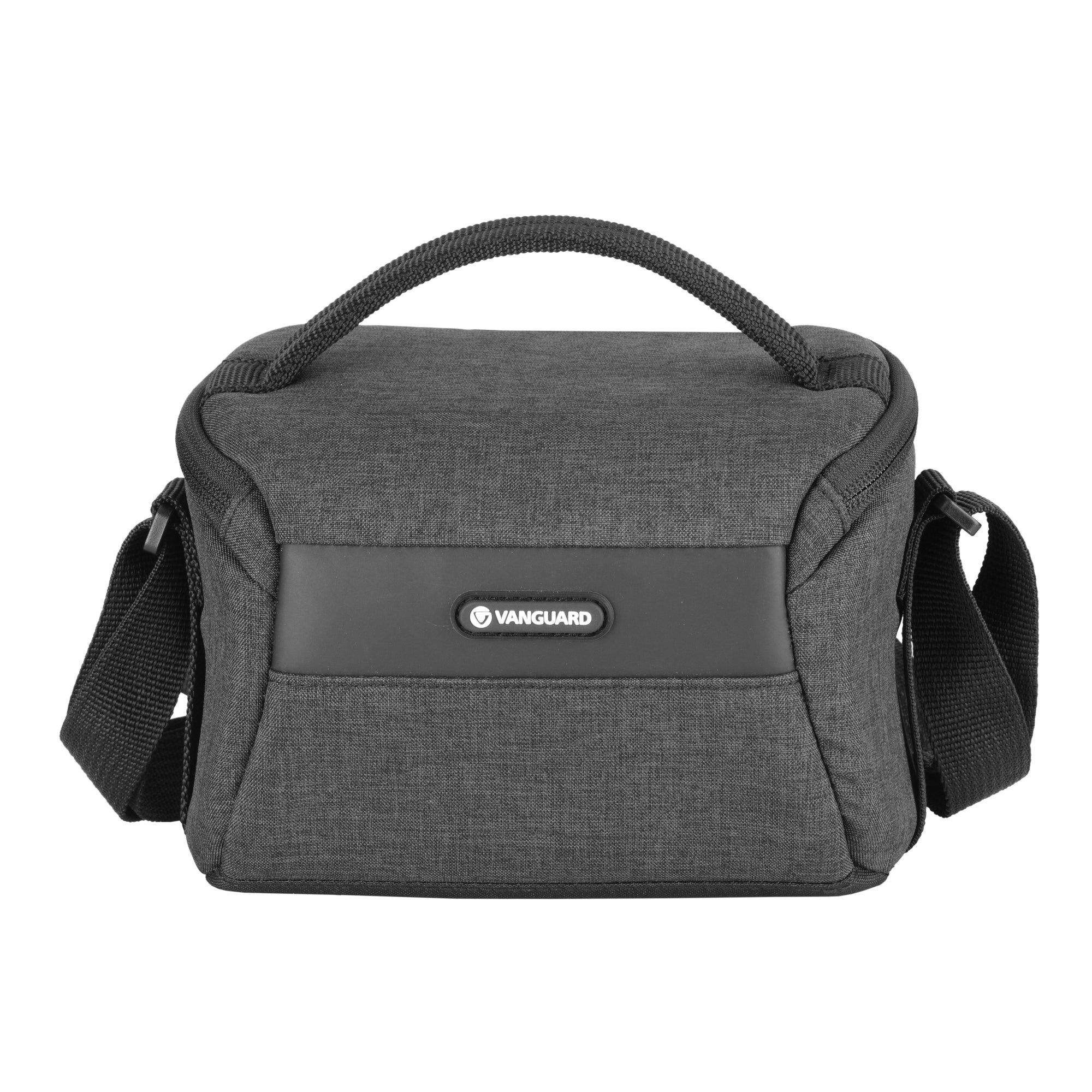 Bolso de cámara gris oscuro con asa y correa de hombro. Logo Vanguard.