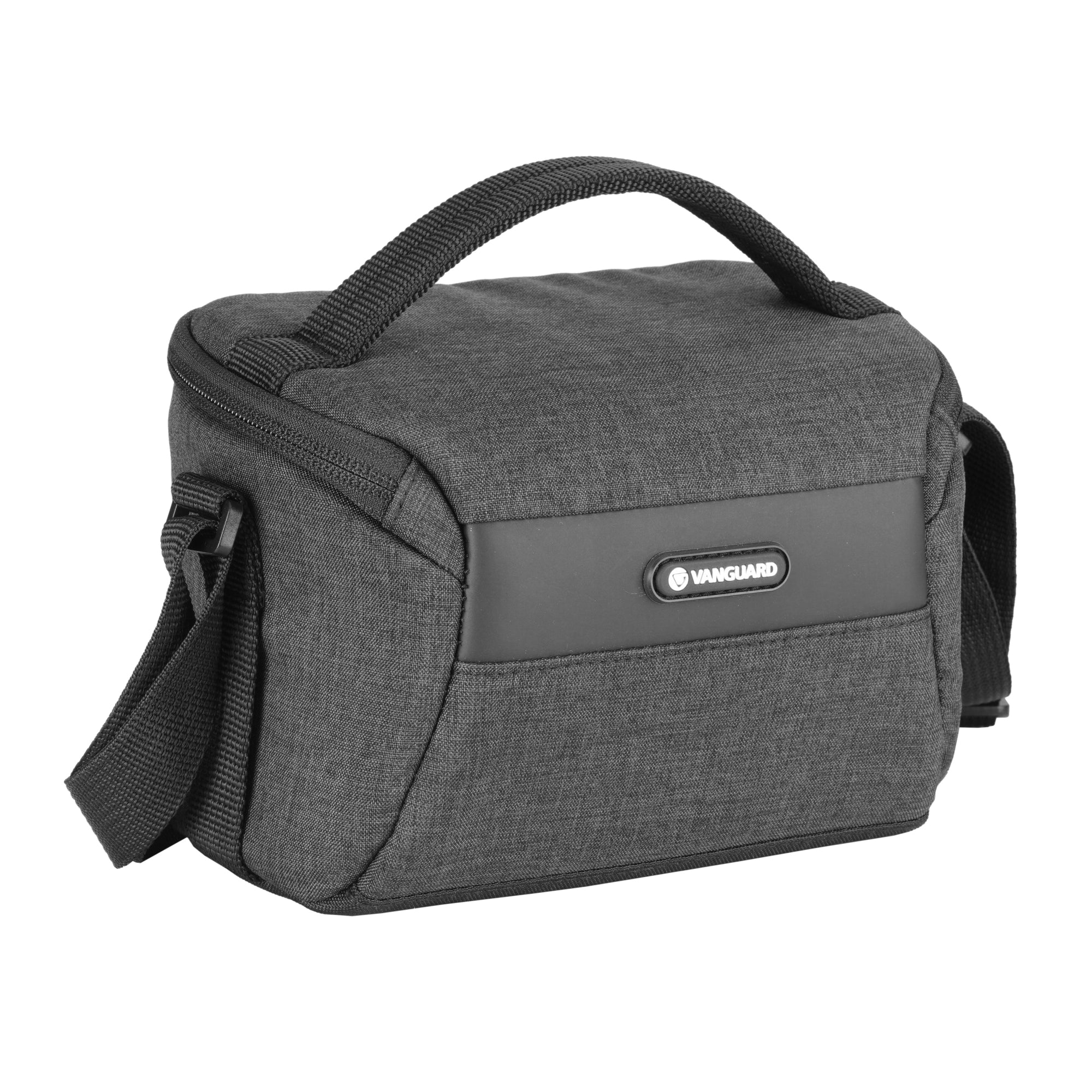 Una bolsa de cámara gris oscuro con asa y correa de hombro.
