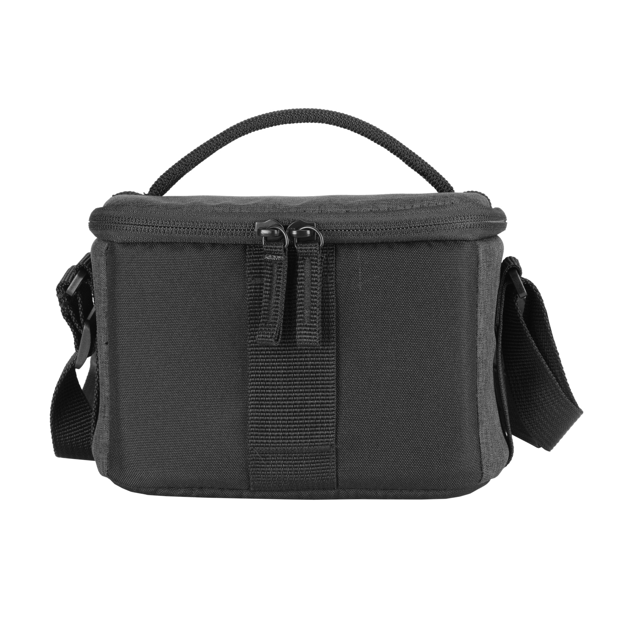 Bolso negro para cámara con cremallera y asa superior.