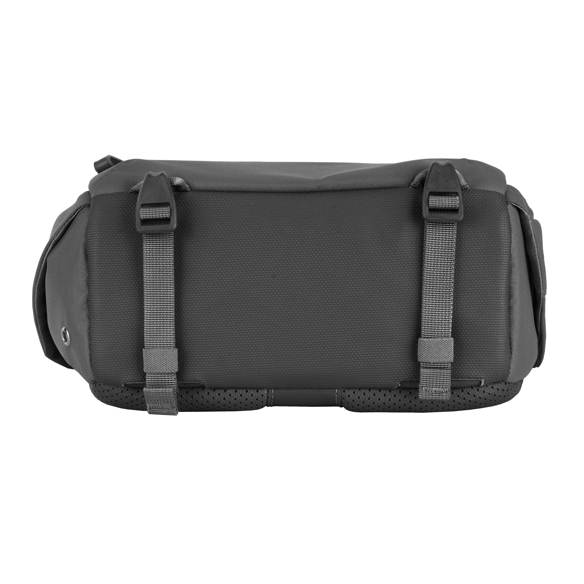 Bolsa gris oscura con dos correas ajustables y hebillas.