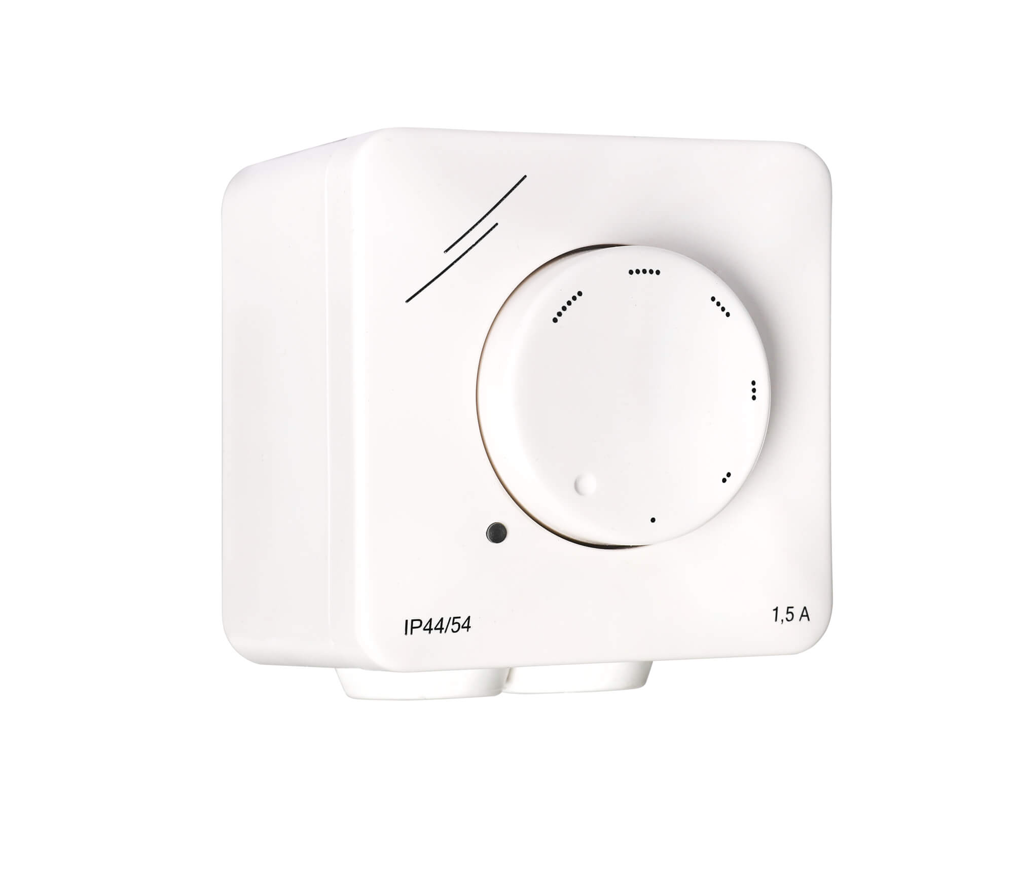 Un dispositivo bianco con manopola, punti e testo IP44/54 1,5 A.