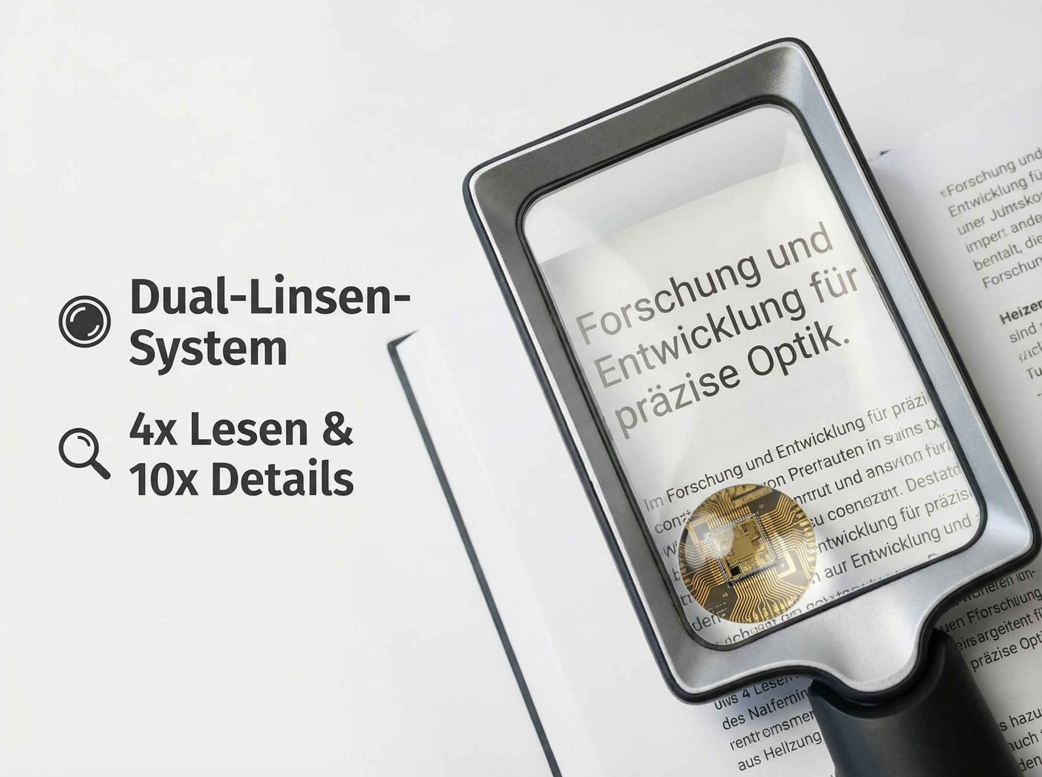 Lupe mit Text 'Forschung und Entwicklung für präzise Optik' und einem Chip-Detail.