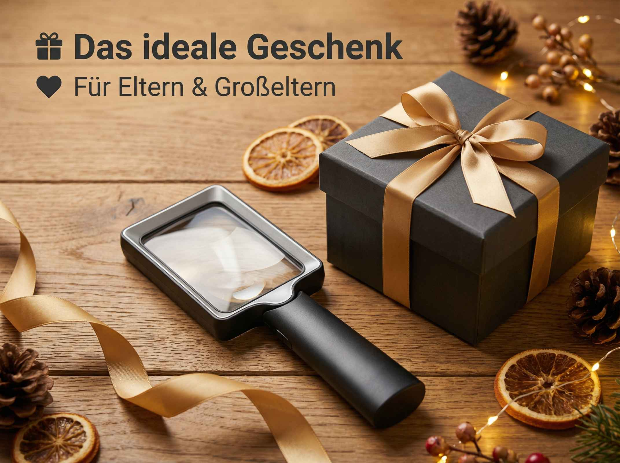 Ein schwarzes Geschenk mit Schleife, Lupe, Orangen und Tannenzapfen.