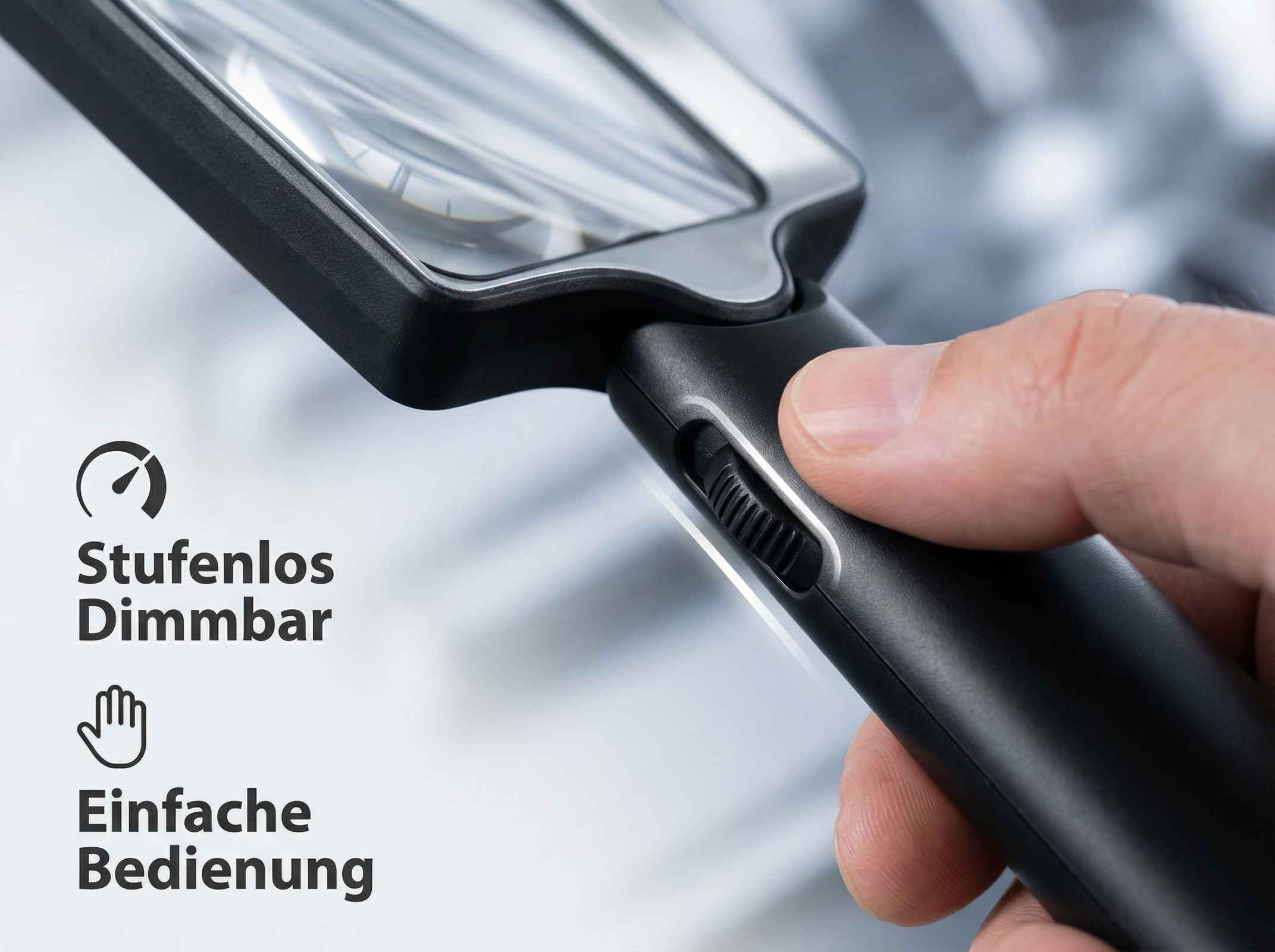Eine Hand hält eine Lupe mit stufenloser Dimmfunktion und einfacher Bedienung.