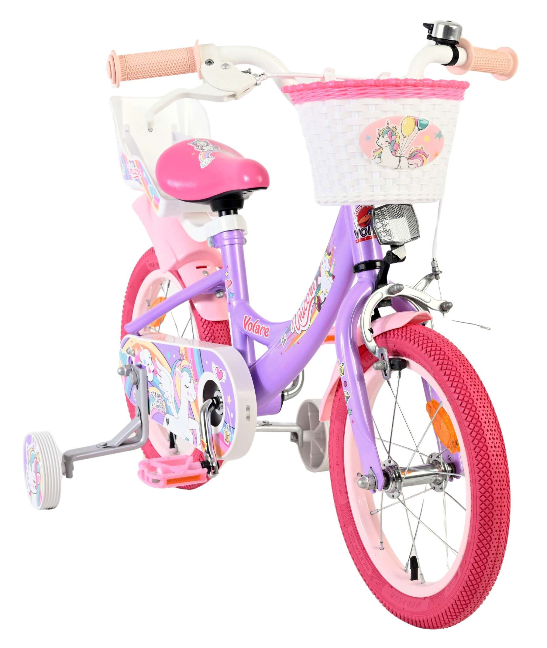 Lila Kinderfahrrad mit rosa Rädern, Korb, Stützrädern und Einhorn-Motiven.