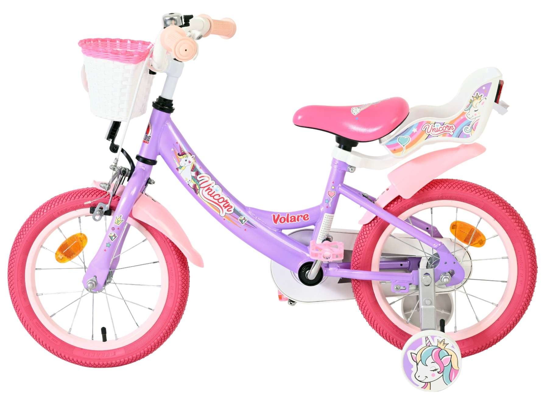 Lila Kinderfahrrad mit rosa Rädern, Korb, Sattel und Einhorn-Motiven.