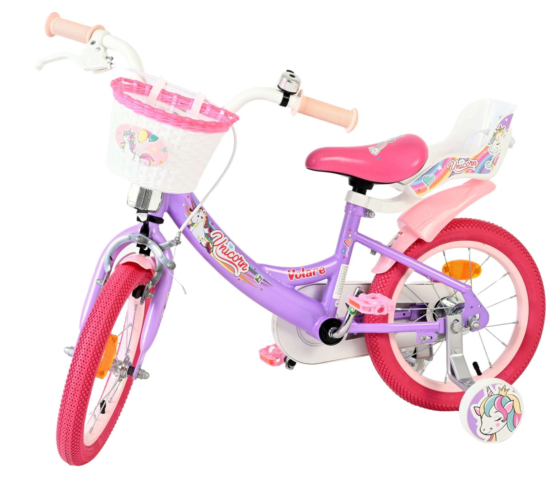 Lila Kinderfahrrad mit rosa Korb, Sitz und Rädern mit Einhorn-Motiv.