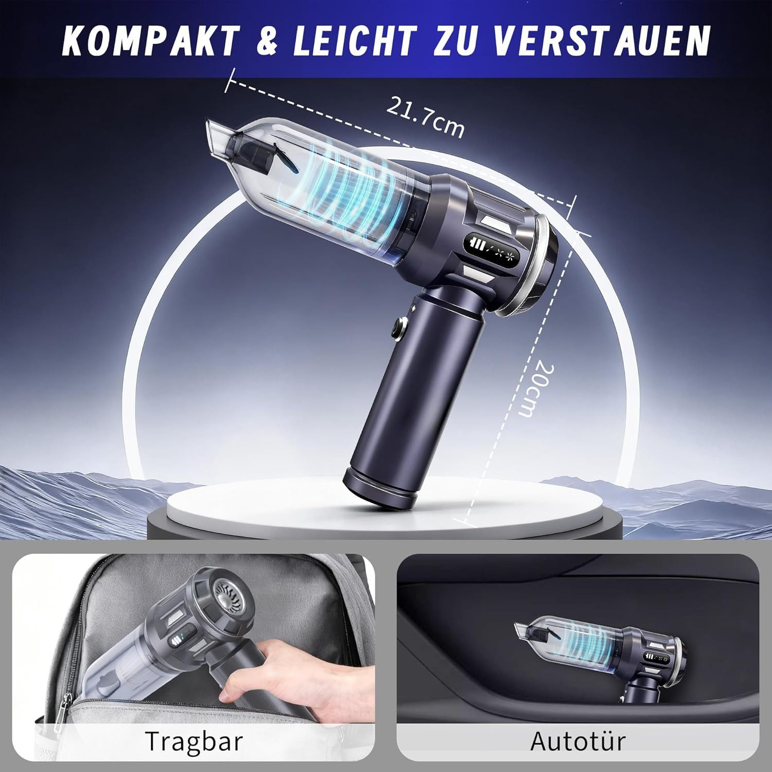 Kompaktowy przenośny odkurzacz mieści się w torbie i drzwiach samochodu.