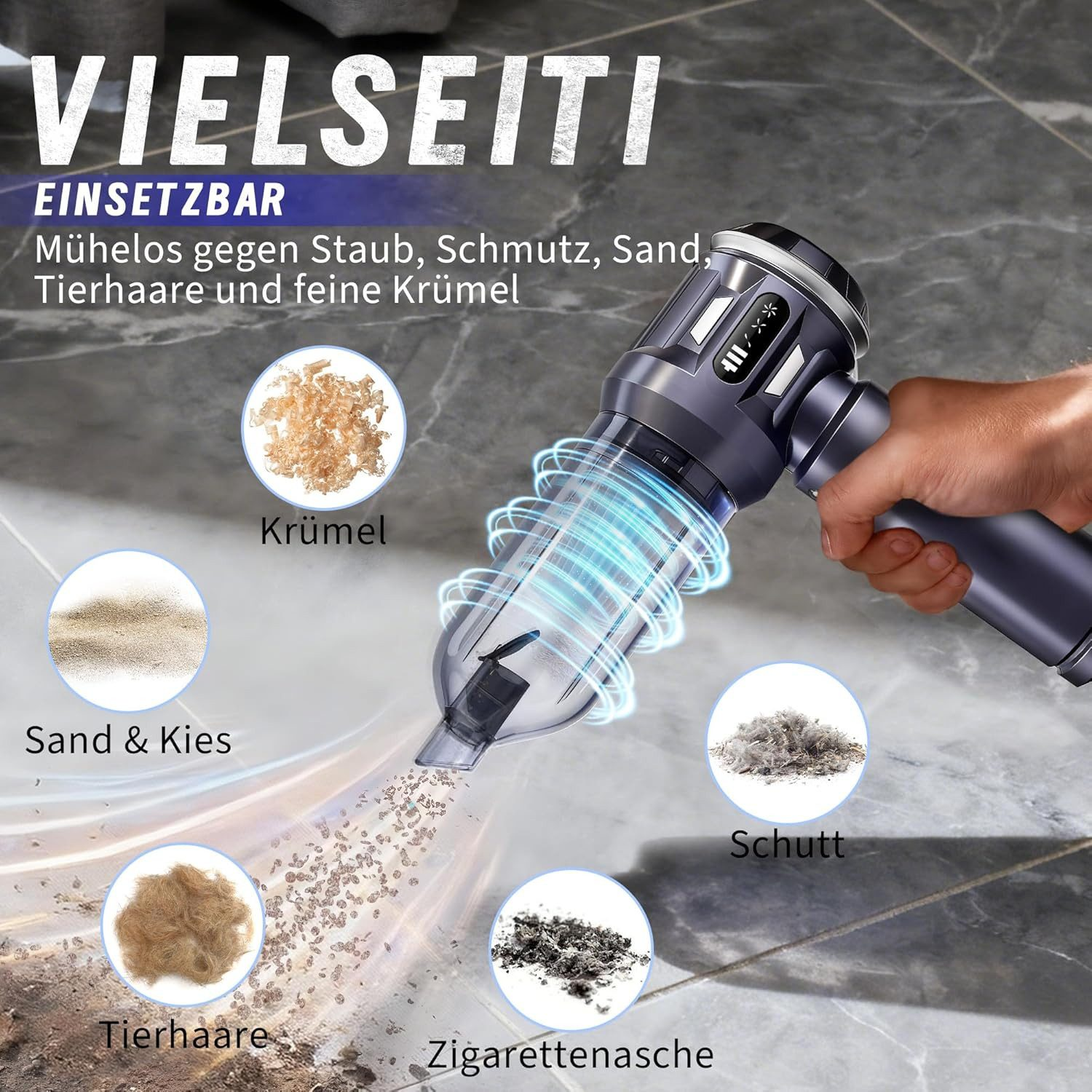 Ręczny odkurzacz zasysa okruchy, piasek, sierść zwierząt, zanieczyszczenia i popiół.